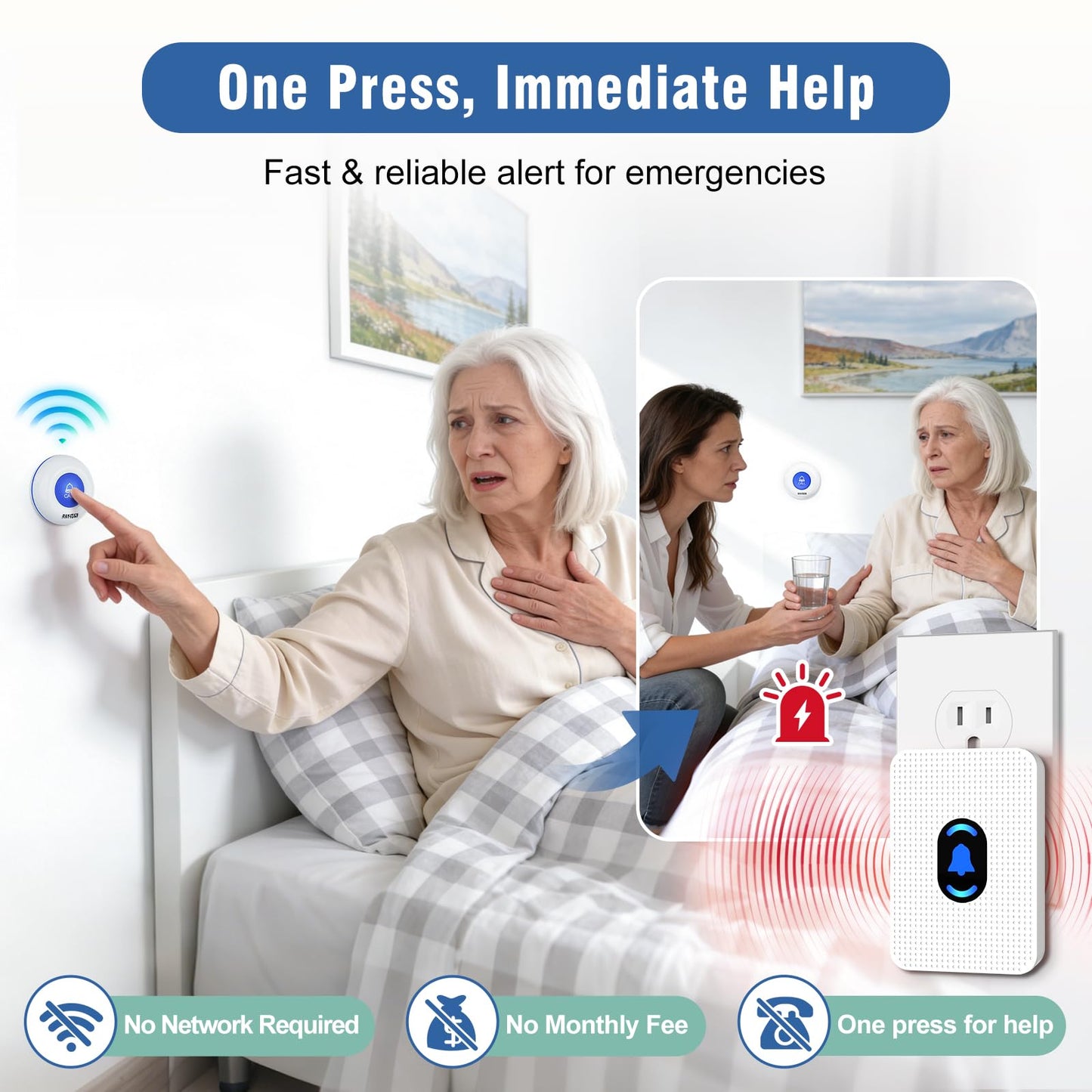 Daytech Caregiver Pager Seniors Alert Button System 500Ft Wireless Emergency Call Button for Elderly/Disabled/Nurse Call, 1 Receiver + 2 Panic Buttons