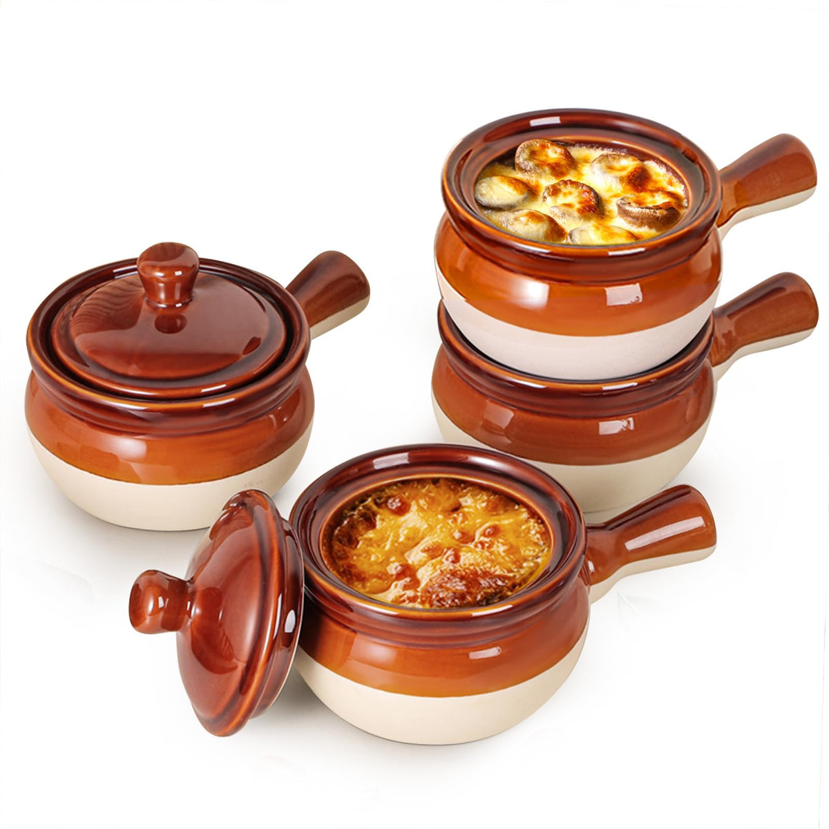 LIFVER French Onion Soup Bowls With Lids - 18 OZ Ceramic Crocks With Handles for Cereal, Chilli, Beef Stew - Oven & Dishwasher Safe, Set of 4