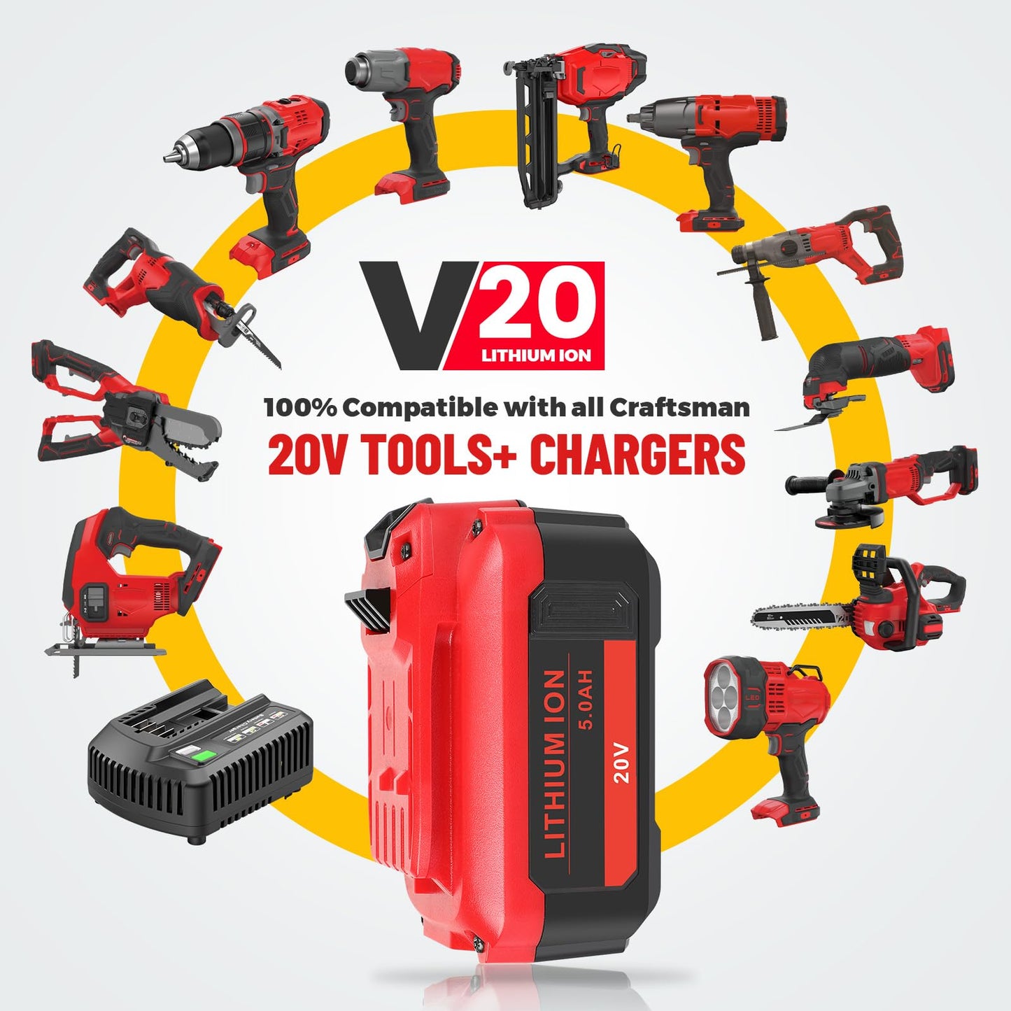 ARyee Upgraded 20V 5000mAh CMCB205 Battery Compatible for Craftsman 20V Battery Compatible with Craftsman Cordless Impact Driver Tools CMCB204 CMCB205 CMCB202