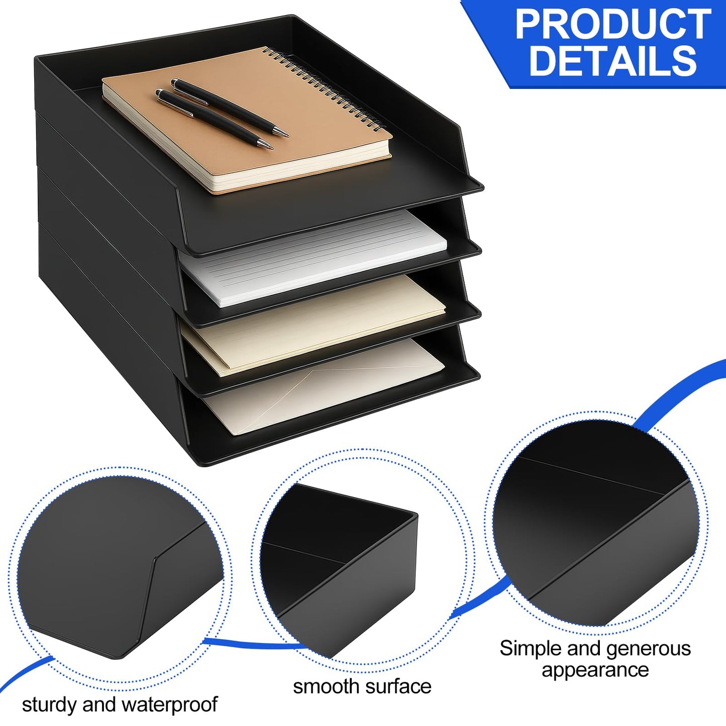 6 Pcs Stackable Paper Trays Rectangular Plastic Desk Holder Desktop Document File Organizer Storage Letter for Office Classroom (12.79" x 9.44" x 1.96", Black)