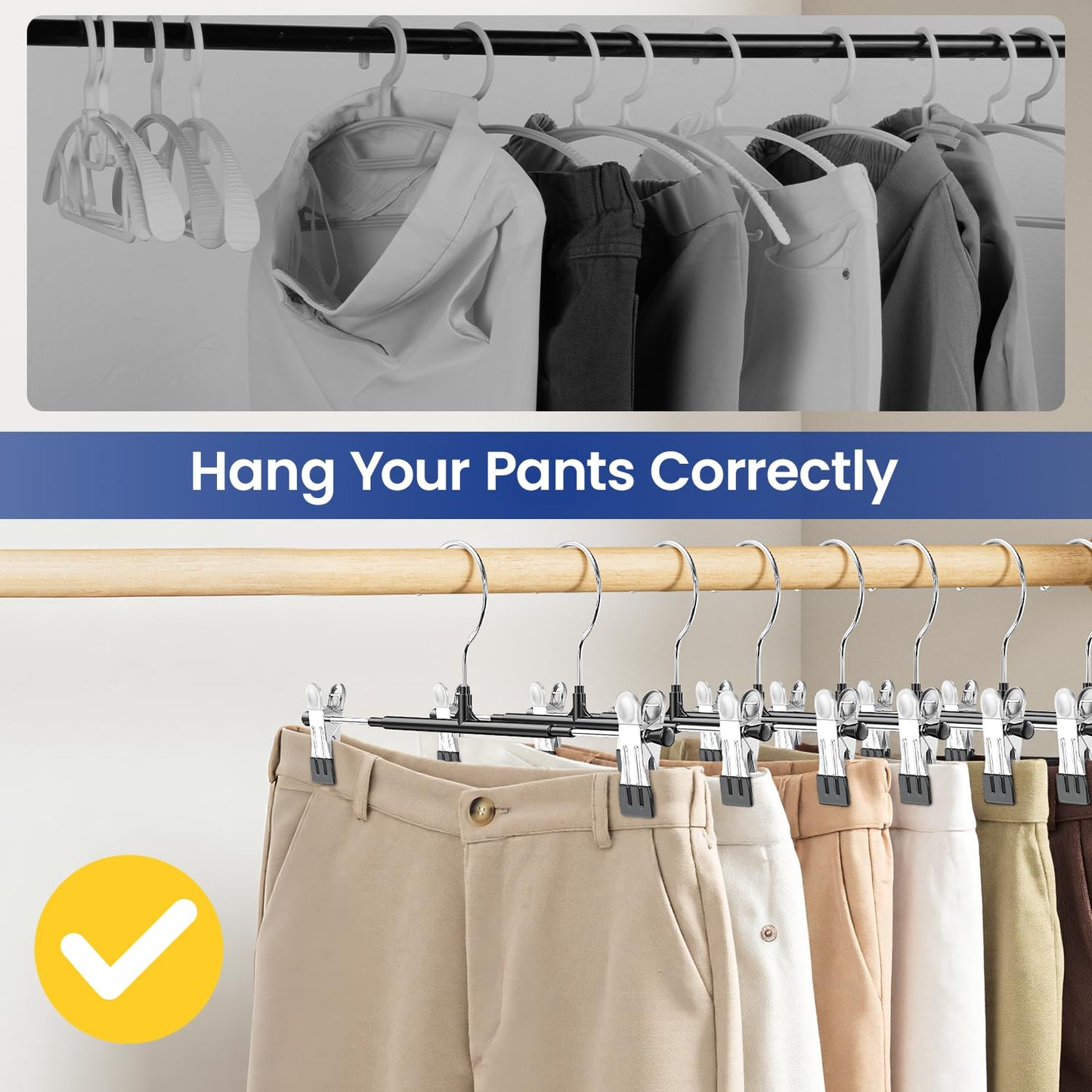 Pants Hangers with Clips Skirt Hangers 30 Pack, Space Saving 12Inch Adjustable Hanger Heavy Duty Non-Slip for Trousers, Jeans, Clothes, Shorts (Black, 30Pack)