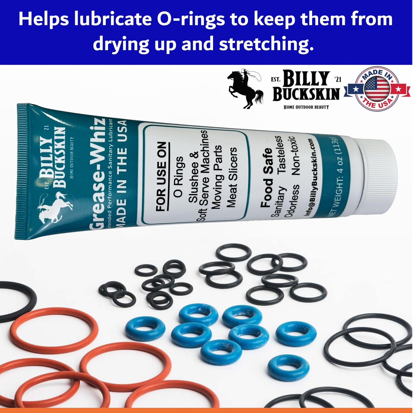4 x 4 Oz. Tube Grease Whiz Plus by Billy Buckskin Co., Commercial Food Grade Grease for Food Service Equipments, O-Rings for Ice Cream Machine & Slushee Machines, Mixers, Beer Kegs, Sliding Glass Door