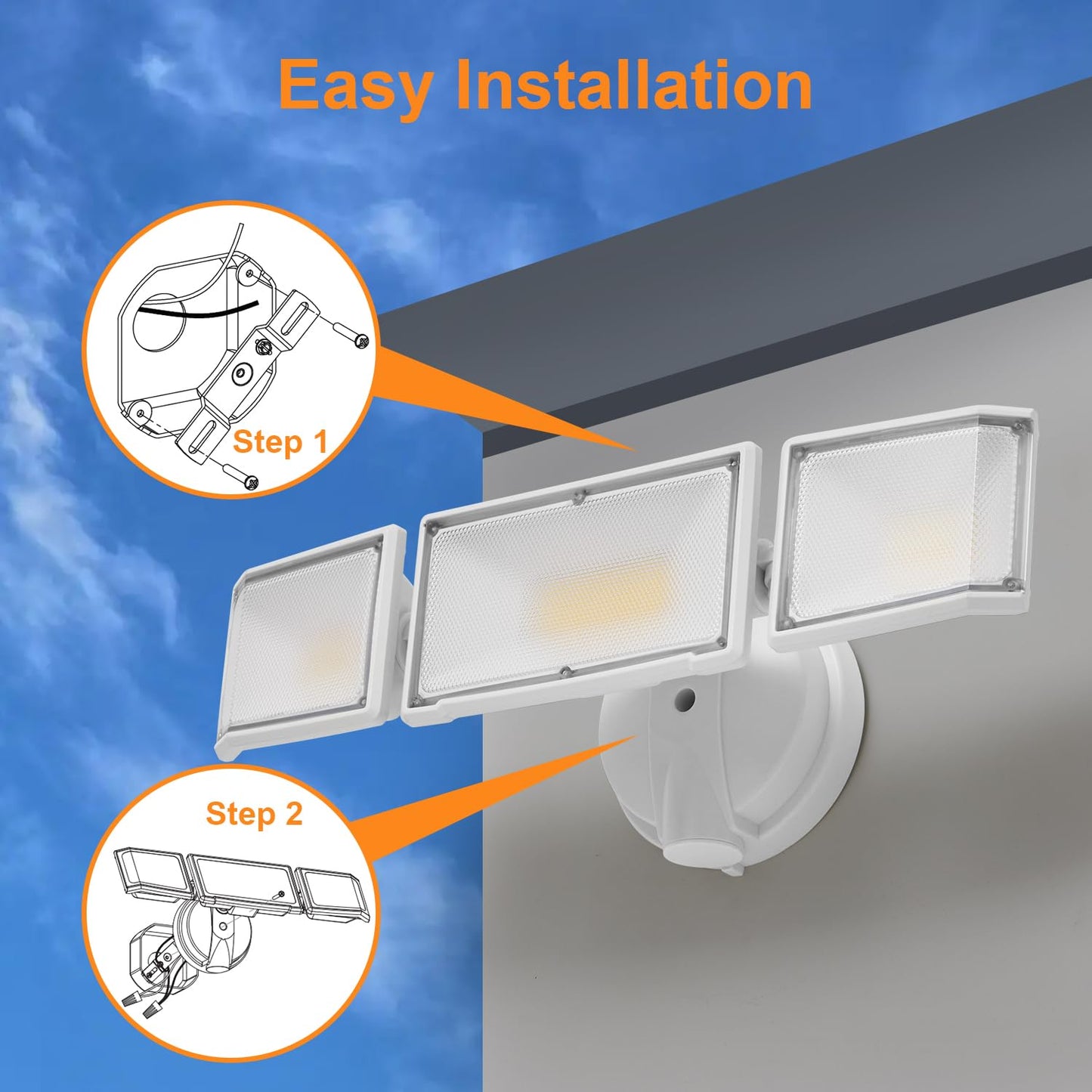 CELAVY 50W LED Flood Light Outdoor, 5500 Lumen Super Bright Exterior Security Lights, 3000K/5000K Light, IP65 Waterproof Wall/Eave Mount Flood Light 3 Adjustable Heads for Garage, Yard (White)