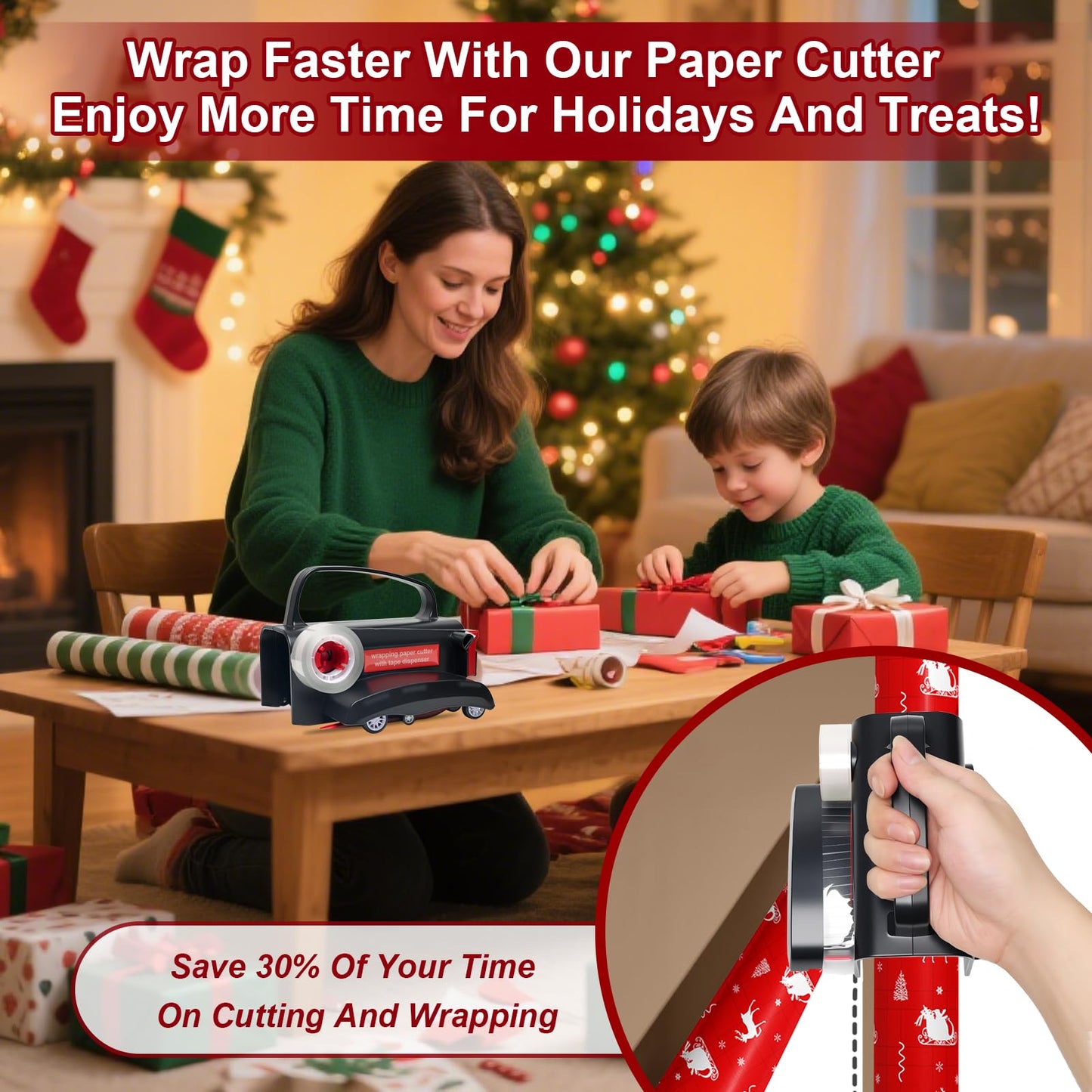 (2-Pack) Wheel Wrapping Paper Cutter & Tape Dispenser Dual Use-4 Tapes,2 Replace Blades-Christmas Gift Wrap Tool, Paper Roll Slicer,Sliding Straight Cut for Birthday Gift Wrap Cutter-Efficient Packag