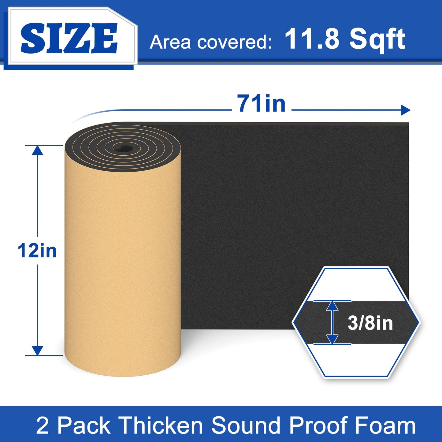 Wintcomfort 2 Pack High Density Self-adhesive Acoustic Foam, 12 x 71 Inches, 11.8 sqft Thicken Sound Proof Foam, Heat/Sound Insulation Roll Acoustic Treatment Foam for Home Office Recording Studio