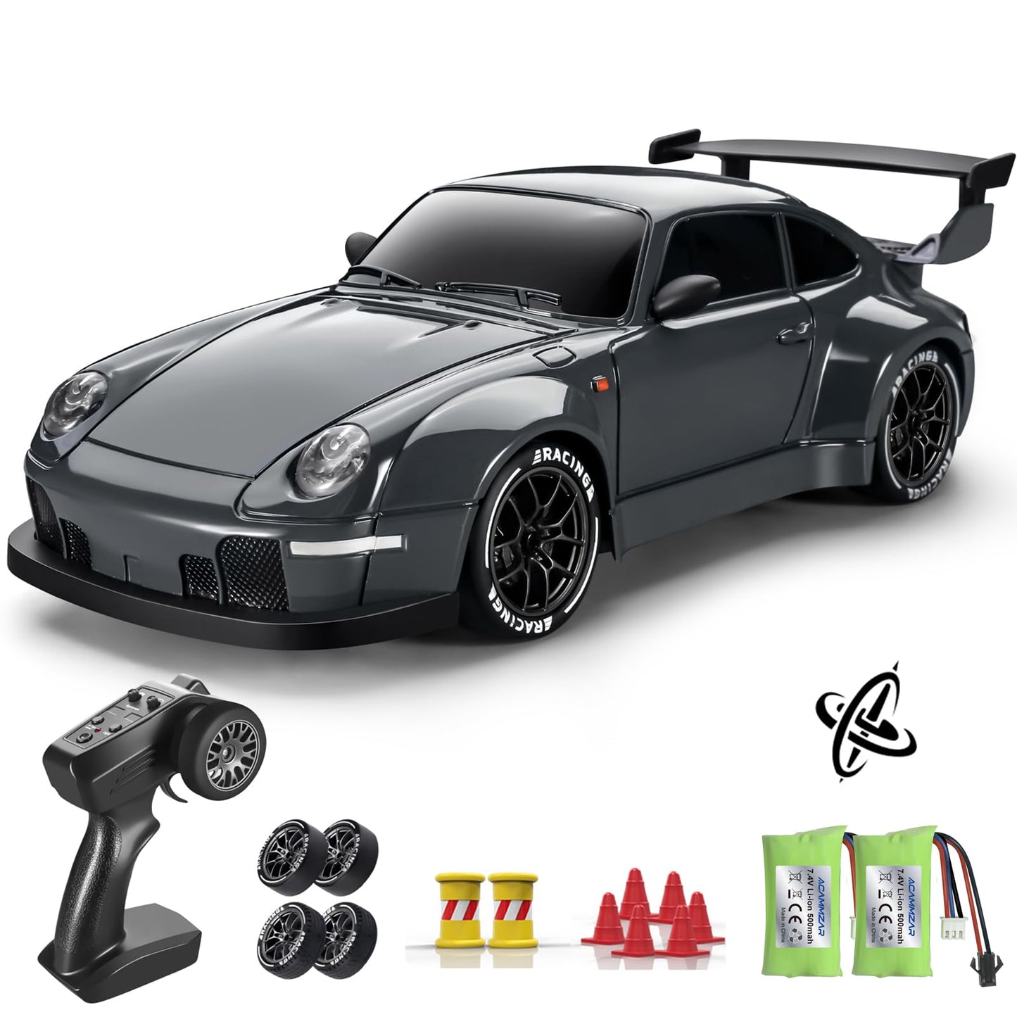 ACAMMZAR RC Drift Car with Gyro, 1:24 Full Proportional Remote Control Car, 25KM/H 4WD High Speed RC Cars with Lights, Extra Racing Tires, Vehicle for Adults Kids Boys Girls, Gray