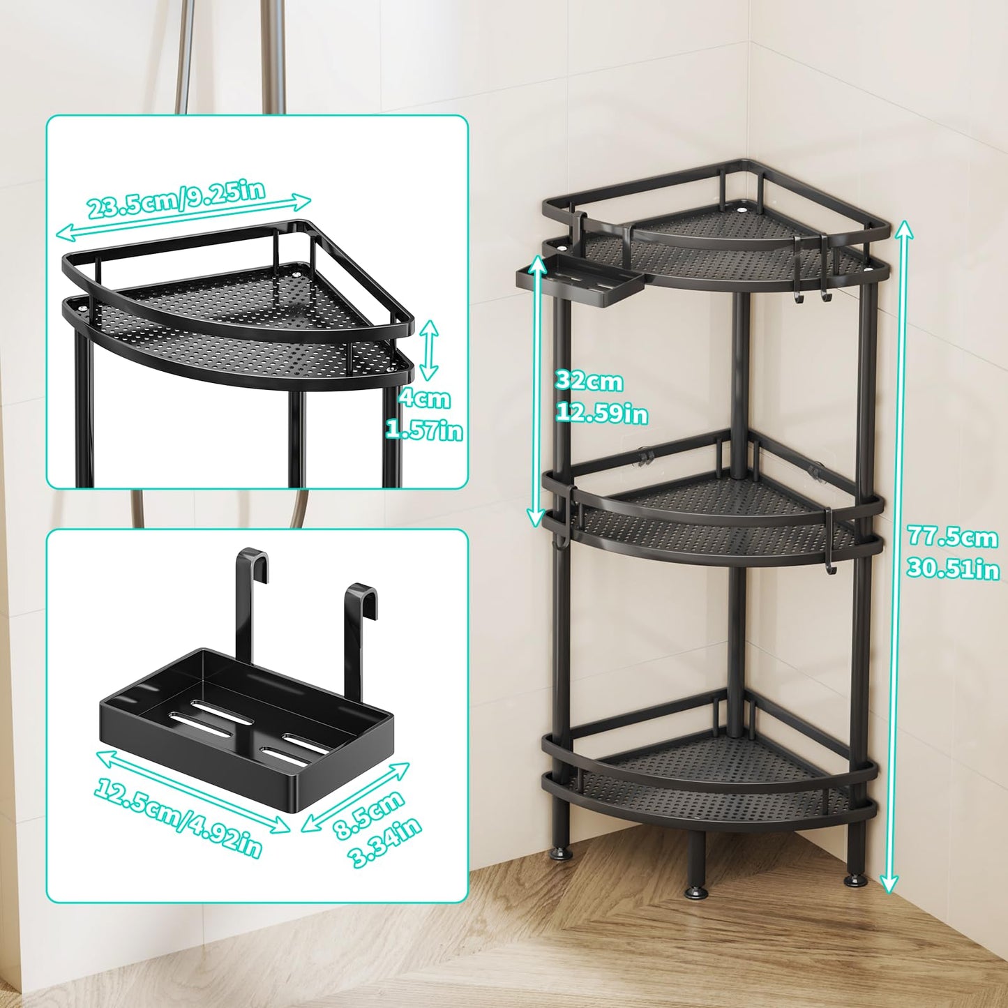 HapiRm Standing Shower Caddy Corner - 3 Tier Corner Shower Shelves with Soap Holder and 4 Hooks, Rustproof Shower Organizer Corner with Adhesives, Black