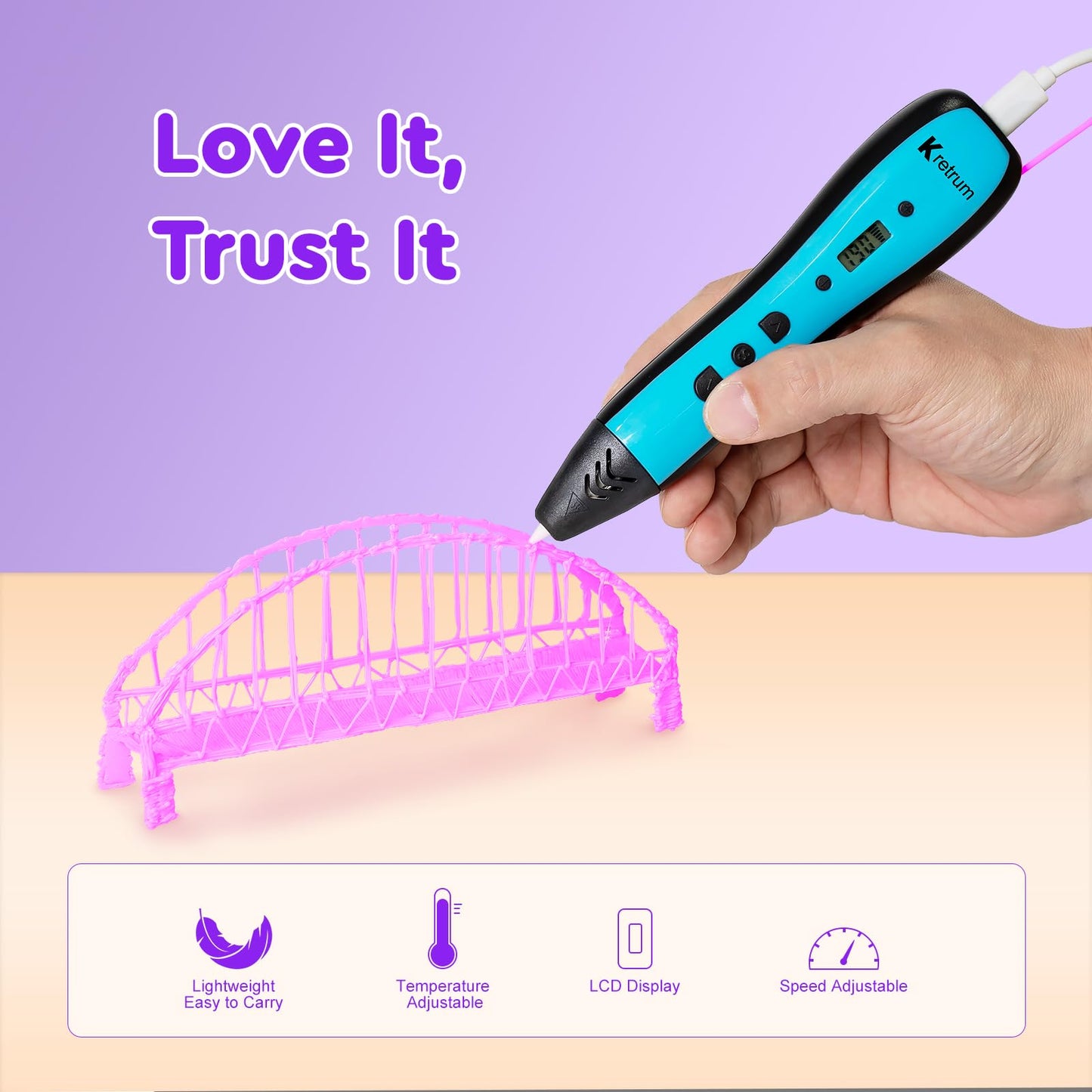 Kretrum 3D Pen | 3D Printing Pen with LCD Display | 3D Painting Pen with 1.75mm PLA Filament, Fingerstall, Pen Holder, Stencil Book, Charger | Best Gift Crayon 3D Stylo 3D Blue