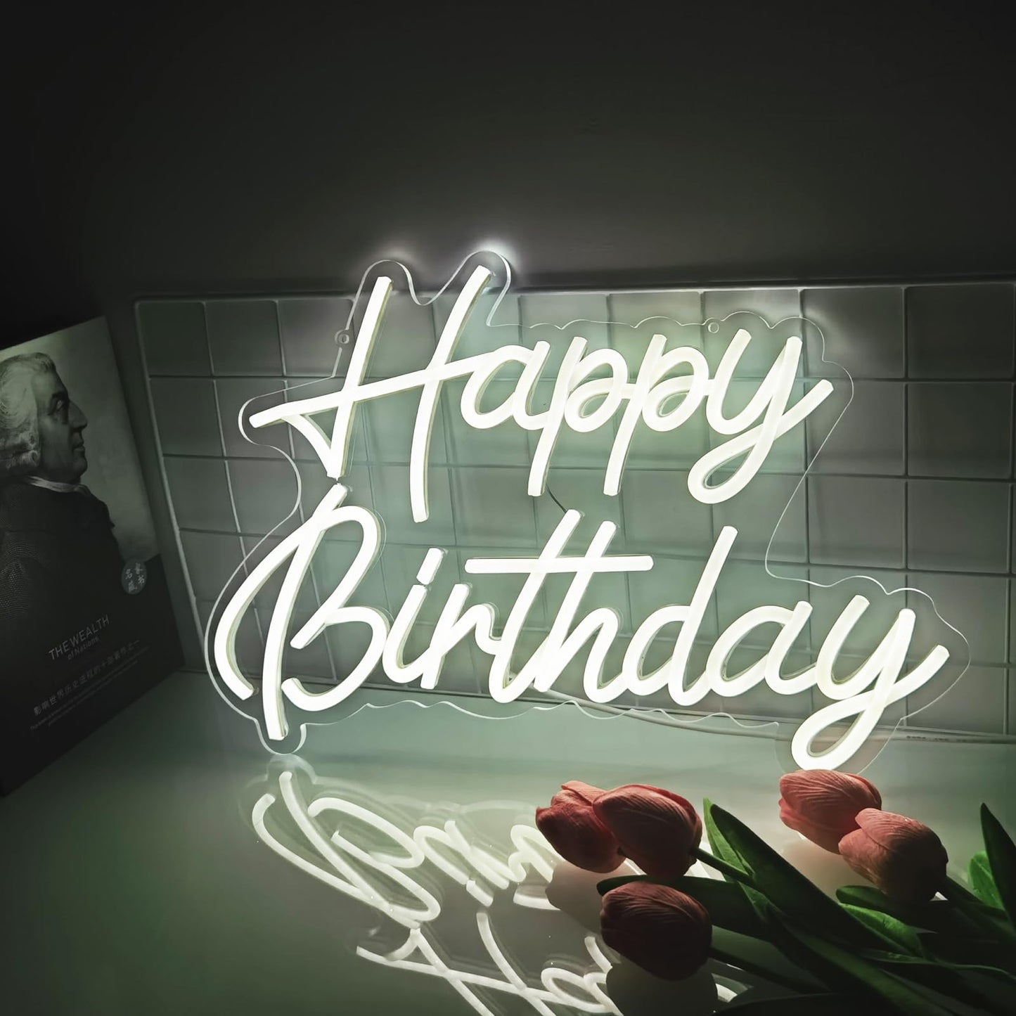Happy Birthday Neon Sign Reusable White LED Neon Night Light Birthday Party Decorations USB Operated Decorative for Backdrop Party Bedroom Wall Décor 5v,16.5"*11"