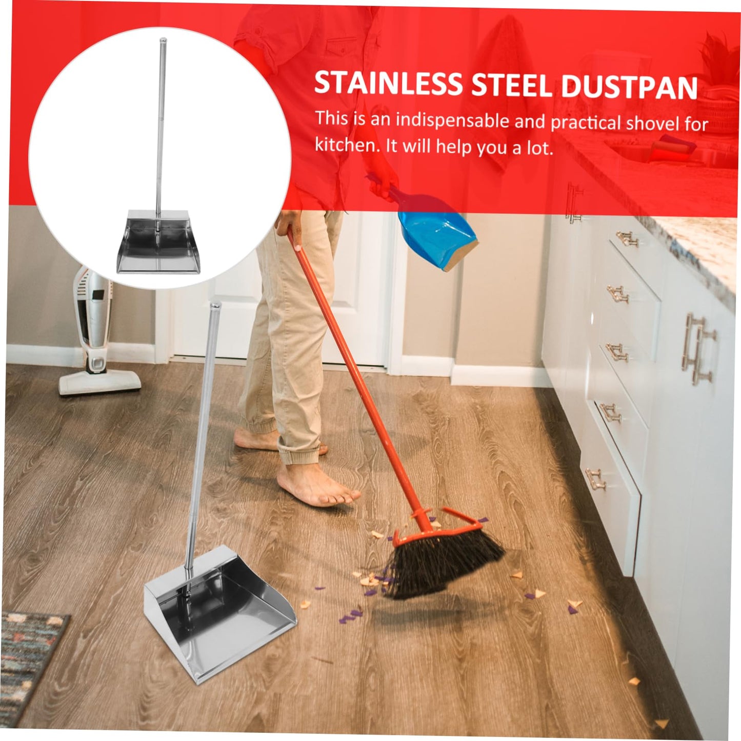Mobestech Stainless Steel Dustpan with Long Handle No Bent Over Garbage Shovel Upright Home Cleaning Dust Pans 27.16In Large Capacity