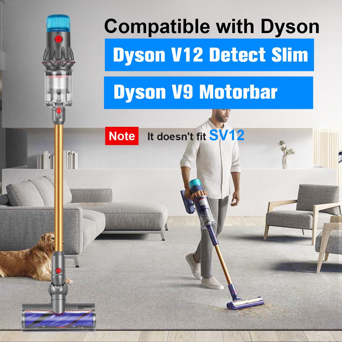FUNTECK Anti-Tangle Motorbar Cleaner Head for Dyson V12 & V9 Motorbar, Motorized Vacuum Head for Carpets and Smooth Hard Floors, Ideal for Pet Owners