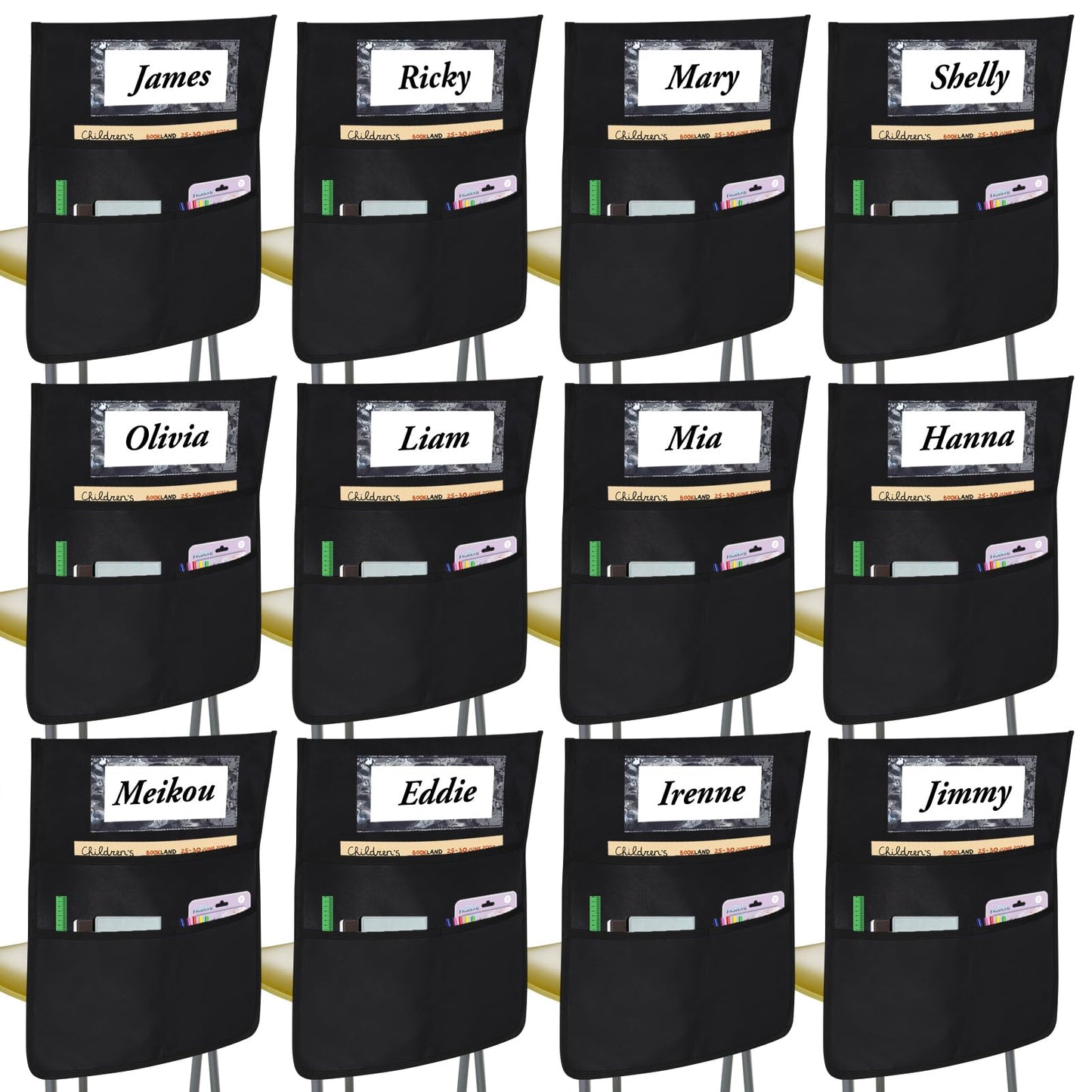 12 Pack Black Chair Pockets for Classrooms, Chair Pocket with 3 Heavy Duty Storage Pocket, Chair Back Buddy Pocket with Name Tag Slot, Ideal Back to School Supplies, Classroom Must Haves