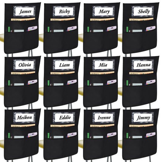 12 Pack Black Chair Pockets for Classrooms, Chair Pocket with 3 Heavy Duty Storage Pocket, Chair Back Buddy Pocket with Name Tag Slot, Ideal Back to School Supplies, Classroom Must Haves
