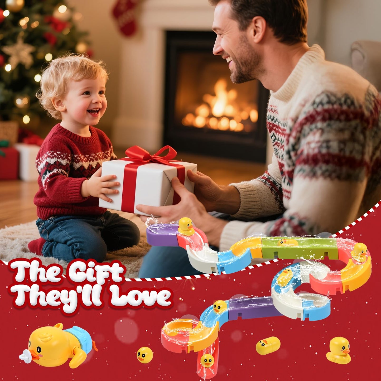 CUTE STONE Baby Bath Toys for Toddlers, Water Slide Building Track W/ Wind-Up Duck, Bathtub Toys for Kids, Water Pool Toys Gift for Boys Girls