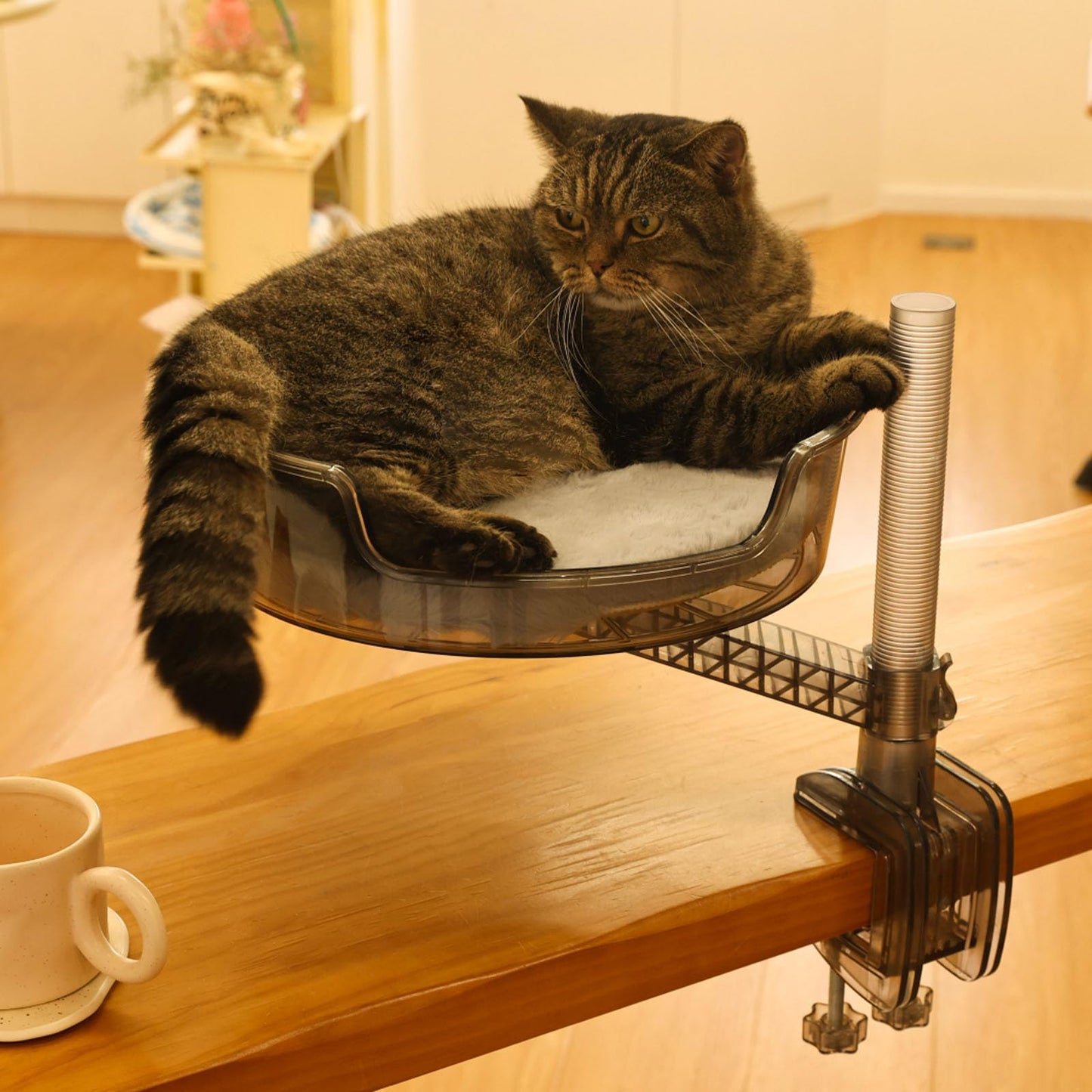 Cat Bed Desk with Pet Mat, Cat Hammock for Desk with Bowl, 360° Rotation and Adjustable Height, Transparent Gray