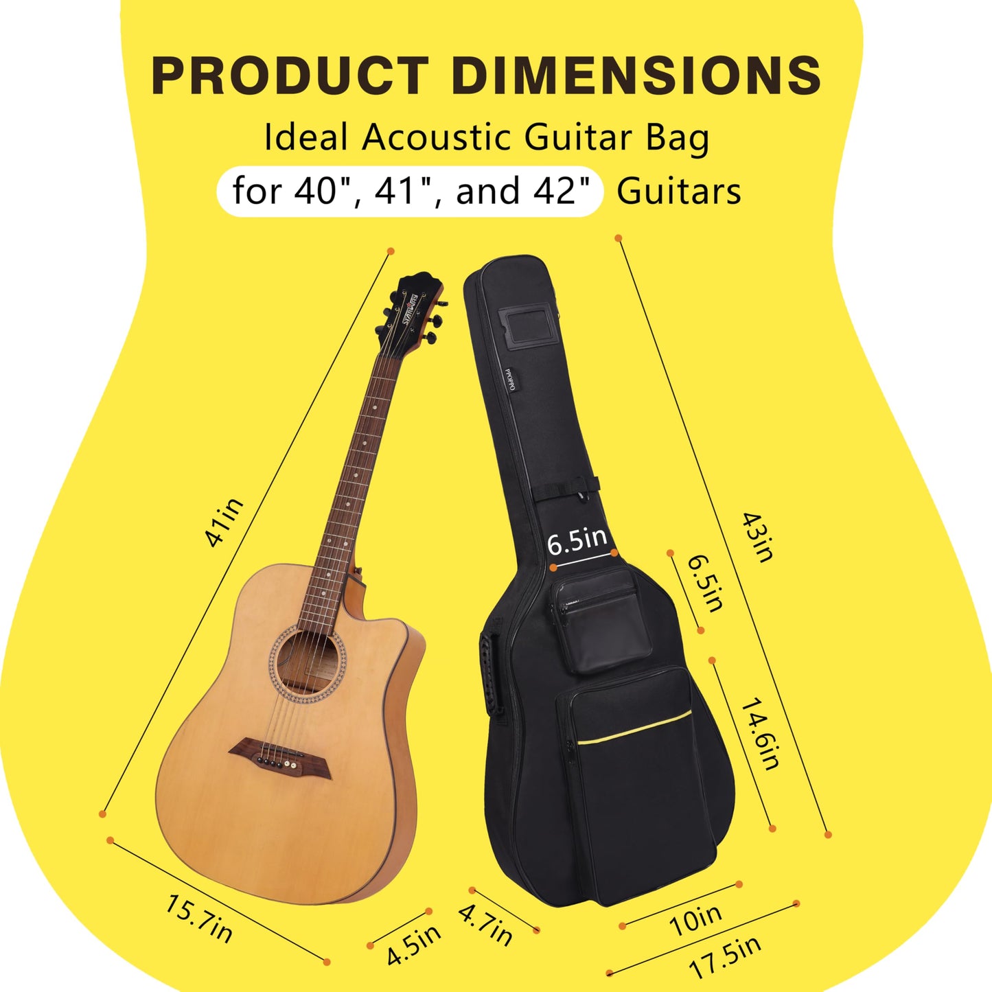 PPOPPO 40 41 42 Inch Acoustic Guitar Bag, Oxford Fabric with 0.35" Thick Padding, Water Resistant Gig Bag, 2 Storage Pockets, Side Handle & Back Hanger Loop, Adjustable Dual Shoulder Straps, Black