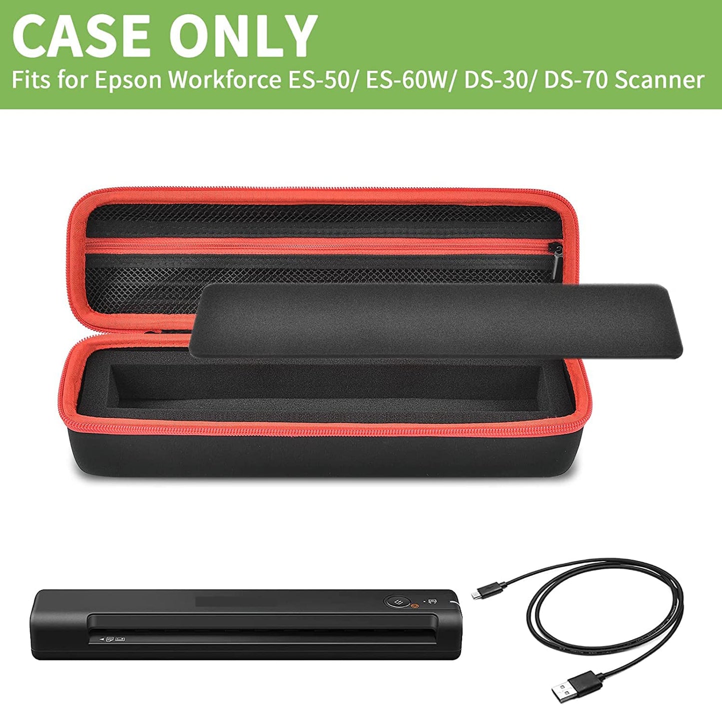 Case for Epson Workforce ES-50/ ES-60W/ ES-55R/ ES-65WR & DS-30/ DS-70/ DS-80W, Hard Portable Scanner Carrying Case Receipt Scanner Case with Handle & Mesh Pocket for USB Cable/Adapter (Black)
