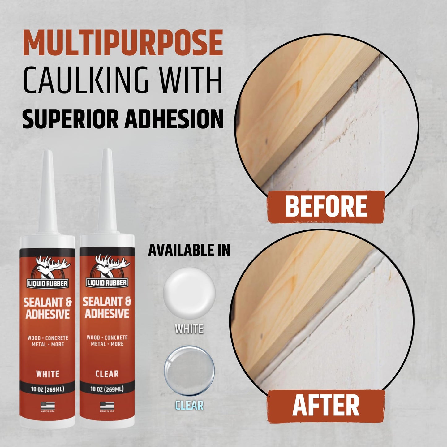 Liquid Rubber Caulk - Hybrid Adhesive and Protective Sealant, White, 4 Pack