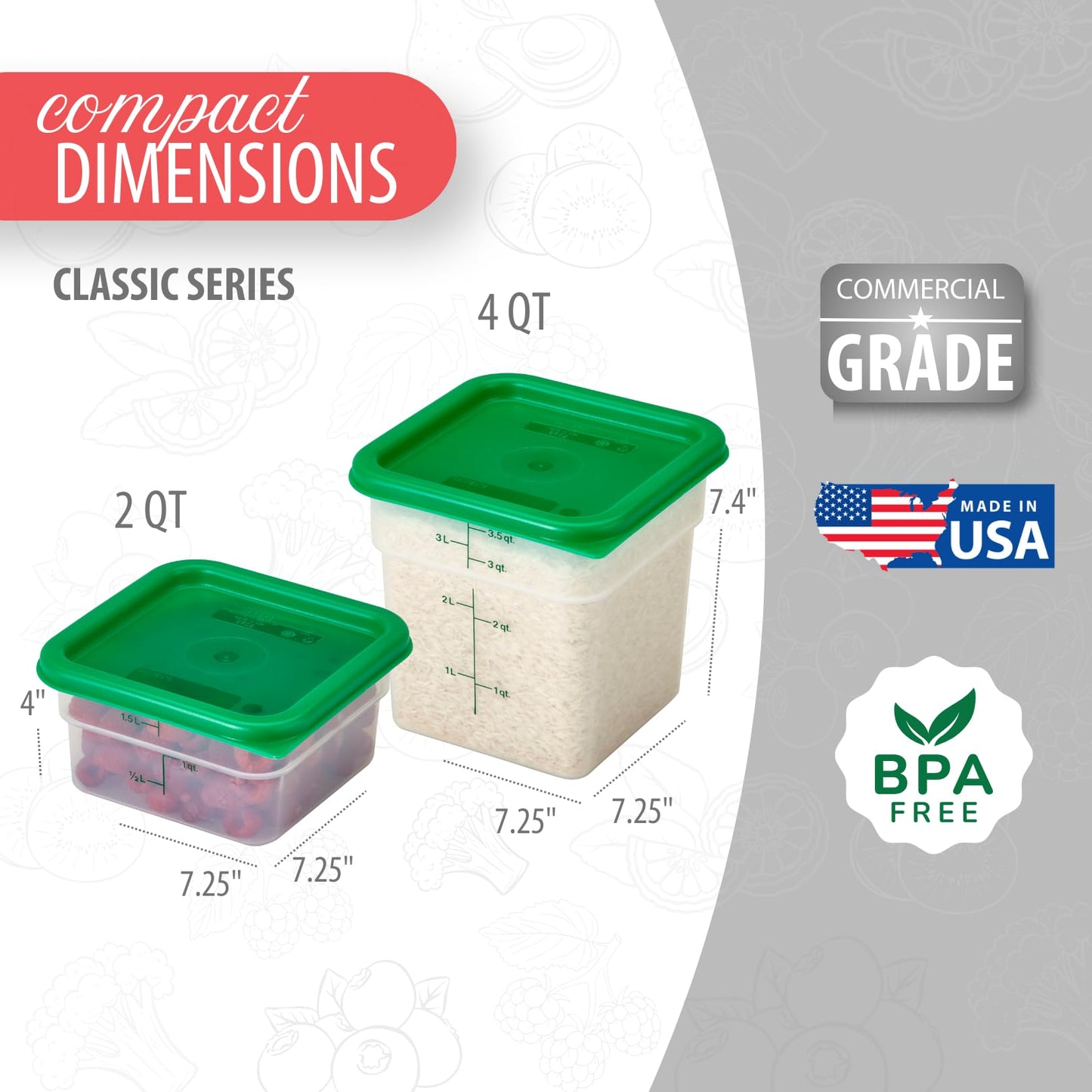 Cambro Food Storage Container with Lid (BPA-Free) - 2 Pack - Classic Series Square with Green Lid - 2 and 4 QT (Quart) - Commercial Grade for Food Prep (Translucent)
