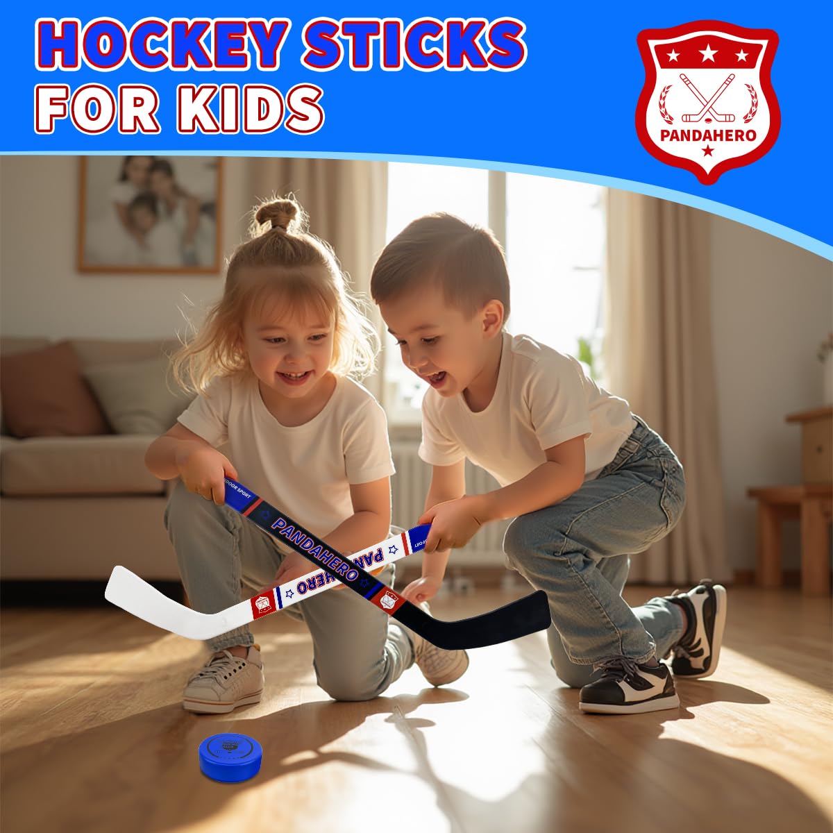 Pandahero Mini Knee Hockey Sticks Set for Kids – Kids Toys Gifts for Toddler Boys & Girls – Indoor Mini Hockey Kit with 4 Sticks, 6 Foam Balls & 6 Pucks