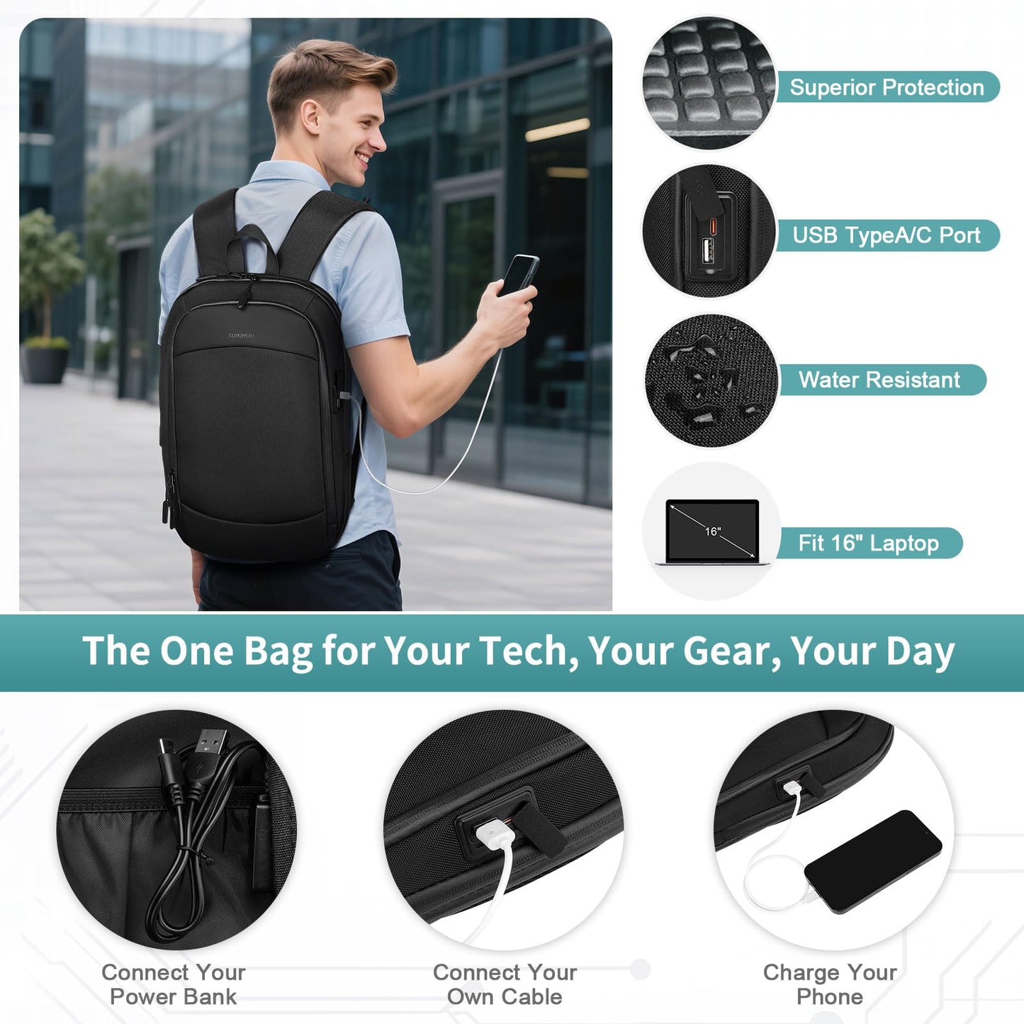 SUIKIHUM 15.6 Inch Laptop Backpack, Expandable with USB Port, Water-Resistant for Work, College and Travel, Black