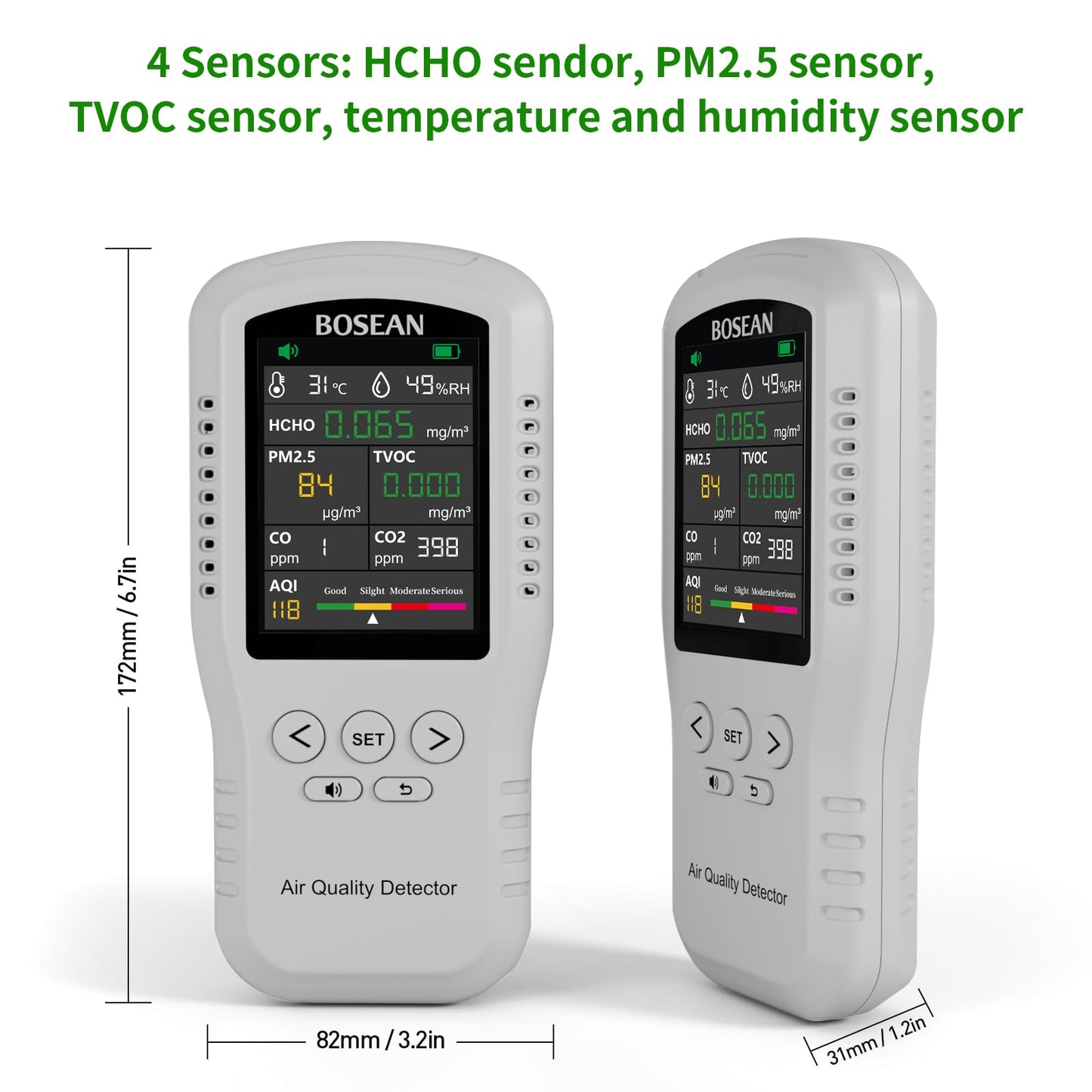 Air Quality Monitor, 8 in 1 Indoor Air Quality Meters, Formaldehyde Detector, Pollution Meter Sensor Detecting HCHO, PM2.5, TVOC, CO, CO2, AQI, Temperature and Humidity Tester