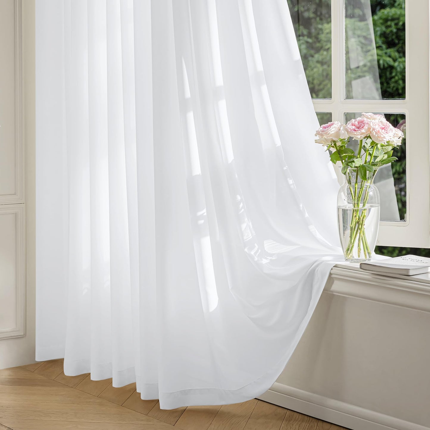 FMFUNCTEX Sheer Off White Curtains for Bedroom, Semi Sheer Airy Curtains 84 Inches Long for Living Room, Faux Silk Light Filtering Non-See-Through Privacy Window Drapes, Rod Pocket 2 Panels Set