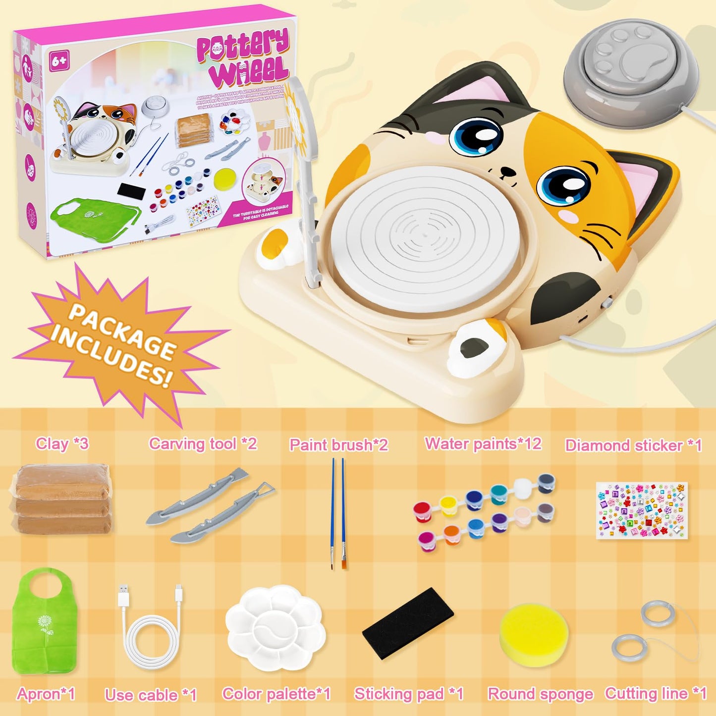 Funny CAT Pottery Wheel Kit for Kids Beginners Wheel with Foot Pedal & Painting Kit/Adjustable Speed, Dry Clay Arts & Crafts for Boys Girls 6 7 8 9 DIY Pottery Tools Art Supplies Craft Toy Teenager Girls Birthday Gift