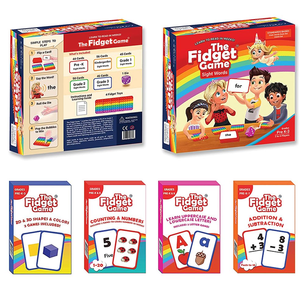 THE Fidget Game Kindergarten Learning Bundle - Learn to Read in Weeks, Master 500 Learning Cards - High-Frequency Dolch Sight Words, Numbers, Addition & Subtraction & Shapes - for Pre-K to Grade 3
