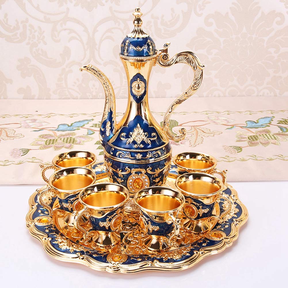 Vintage Turkish Coffee Pot Set 6 Tea Cups Small Metal Tea Set Tea Tray Teapot Tea Water Serving Set for Turkish Coffee, Arabic Coffees, Greek Coffees
