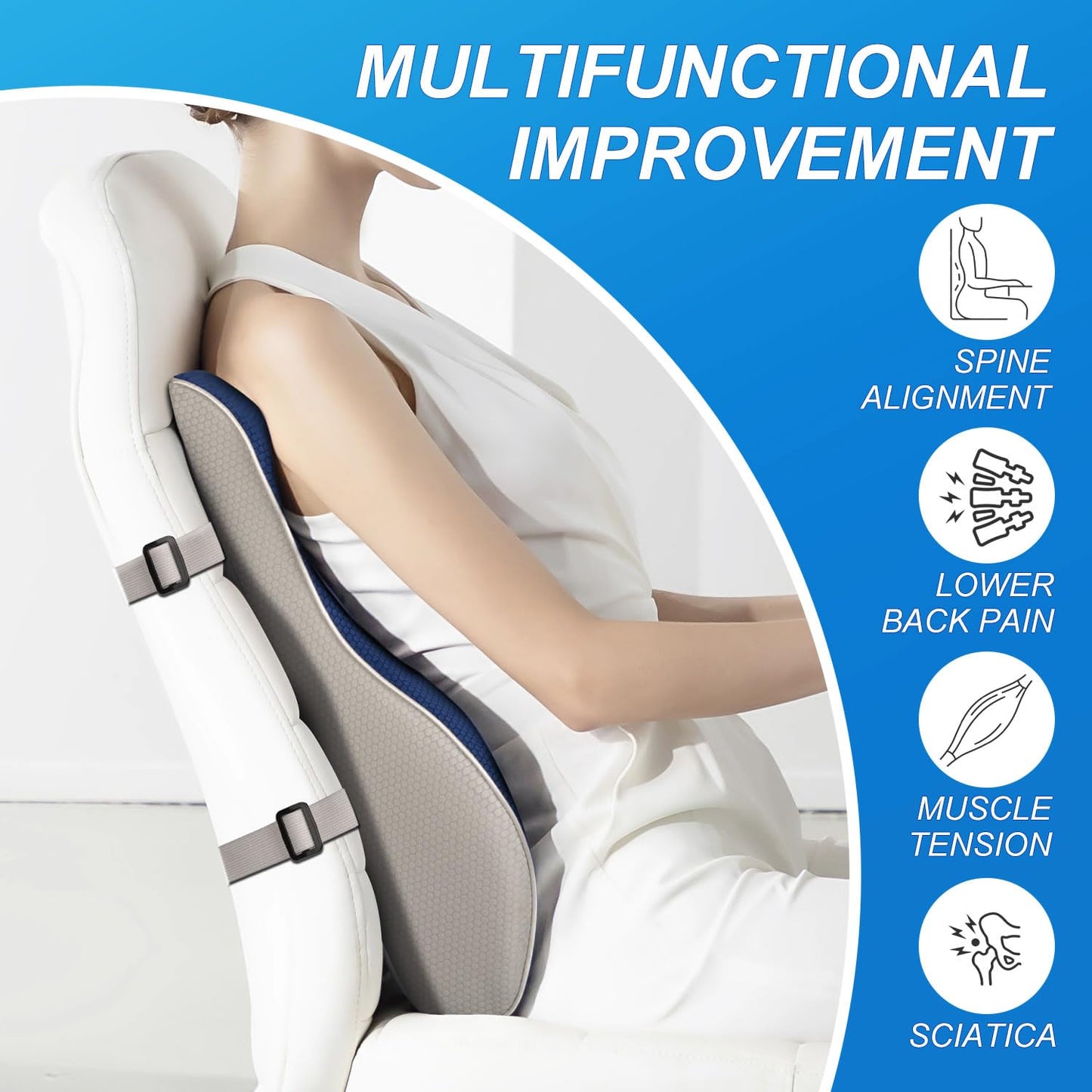 Stelive Ergonomic Lumbar Support Cushion, Orthopedic Memory Foam Back Support Pillow with Breathable Cover & Adjustable Straps for Back Pain Relief & Posture Support in Office, Car, Gaming Chairs