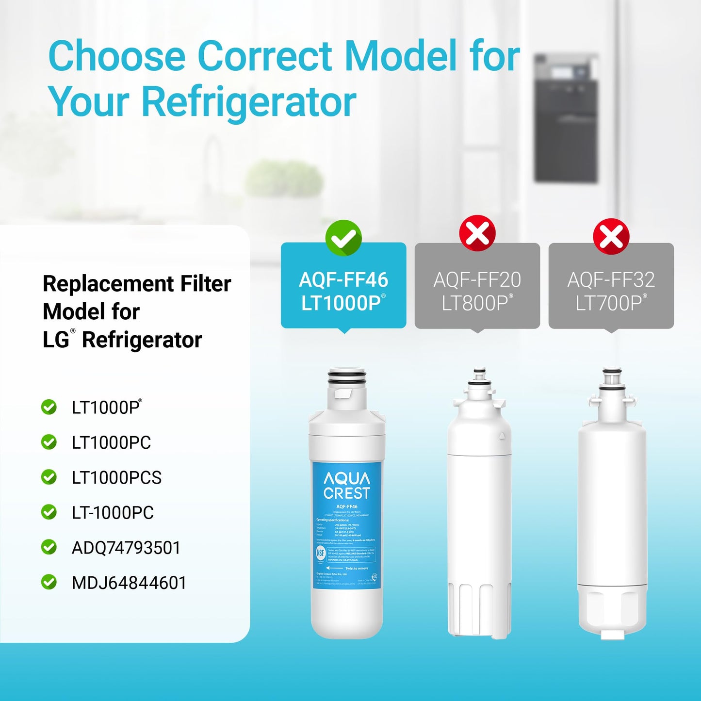 AQUA CREST LT1000PC ADQ747935 MDJ64844601 NSF Certified Refrigerator Water Filter and Air Filter, Replacement for LG® LT1000P®, LT1000PC, LT-1000PC and LT120F®, 4 Combo