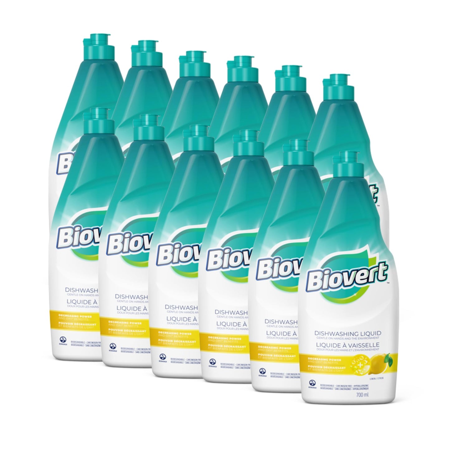 Biovert Dish Soap, Biodegradable Formula & ECOLOGO Certified, Plant-Based Dishwashing Liquid, Tough on Grease, Gentle on Hands, Made in Canada, Lemon Scent, 700 mL (Pack of 12)