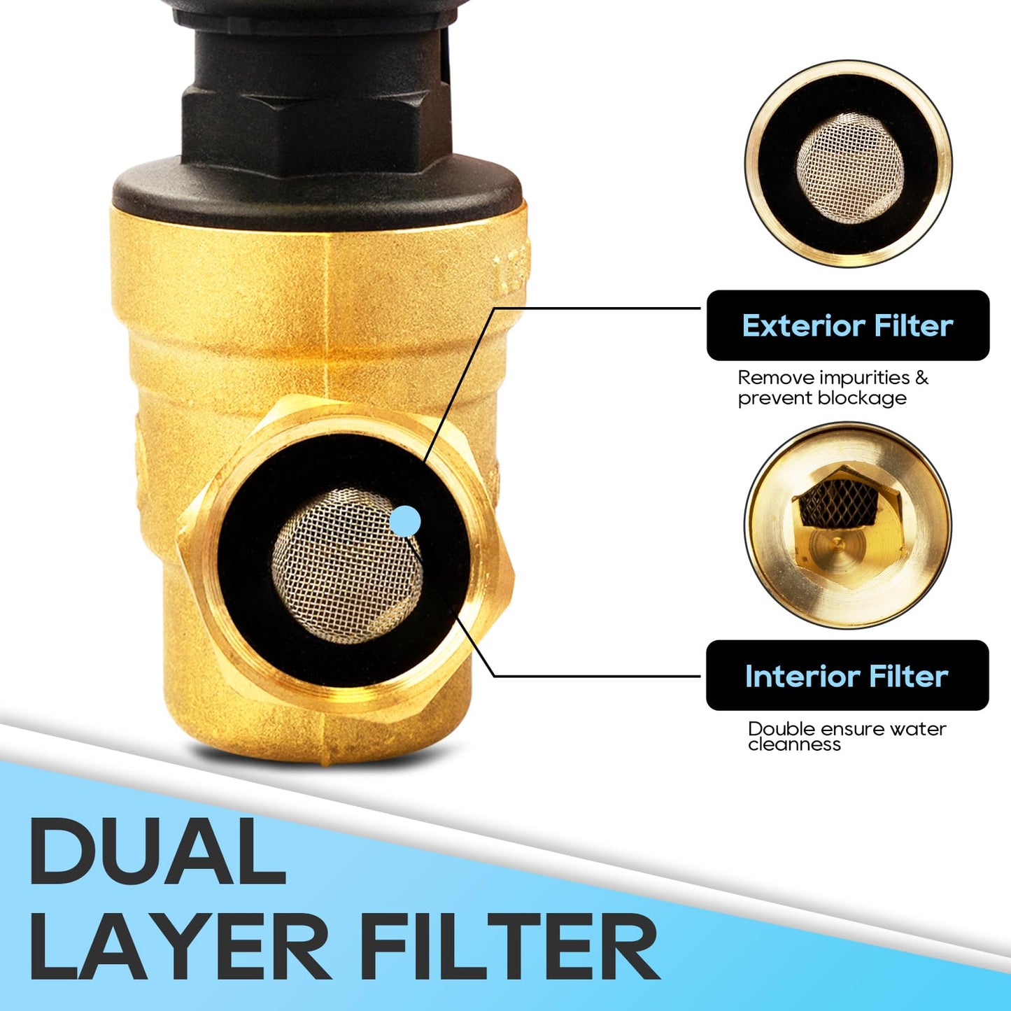 RVGUARD RV Water Pressure Regulator Valve With An Adjustable Knob, NO Tool Required, Brass Lead-Free Water Pressure Reducer with Gauge and Inlet Screen Filter for RV Camper Travel Trailer RGWPR-H