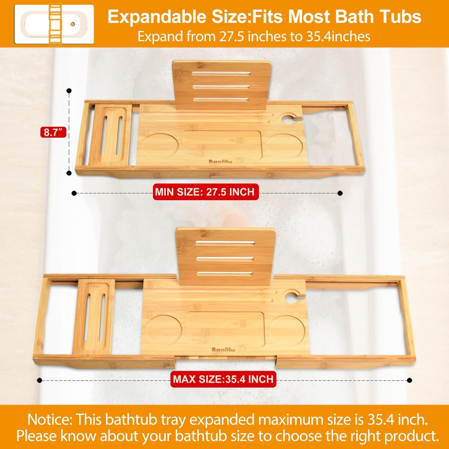 Bathtub Tray Caddy - Bath Tray - Bath Tub Tray - Bath Tray for Bathtub - Expandable Size, Fits Most Tubs