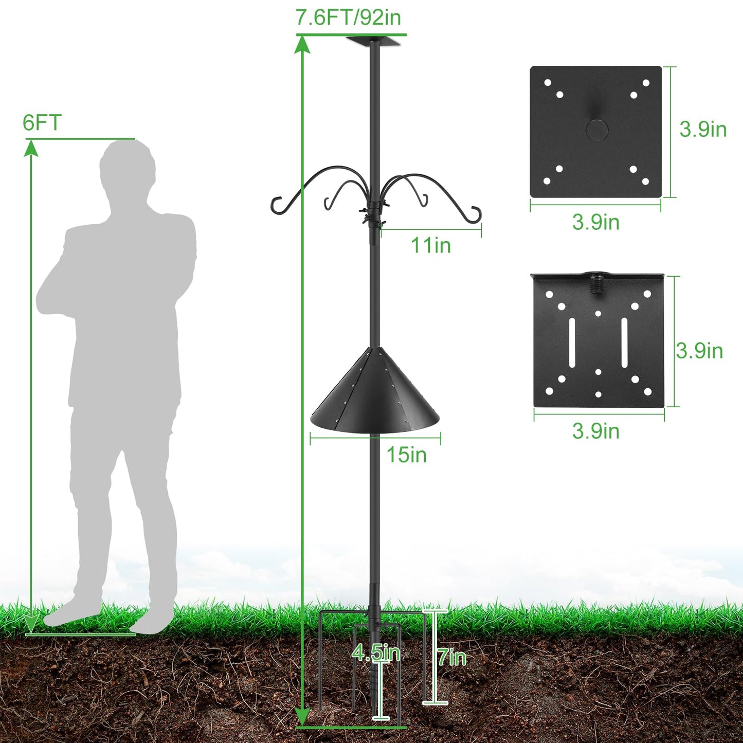 92 Inch Smart Bird Feeders Pole for Outdoor, Heavy Duty Bird House Pole Mount Kit Bird Feeding Station Kit with Squirrel Guard Baffle 4 Hanging Shepherds Hooks for Attracting Wild Birds