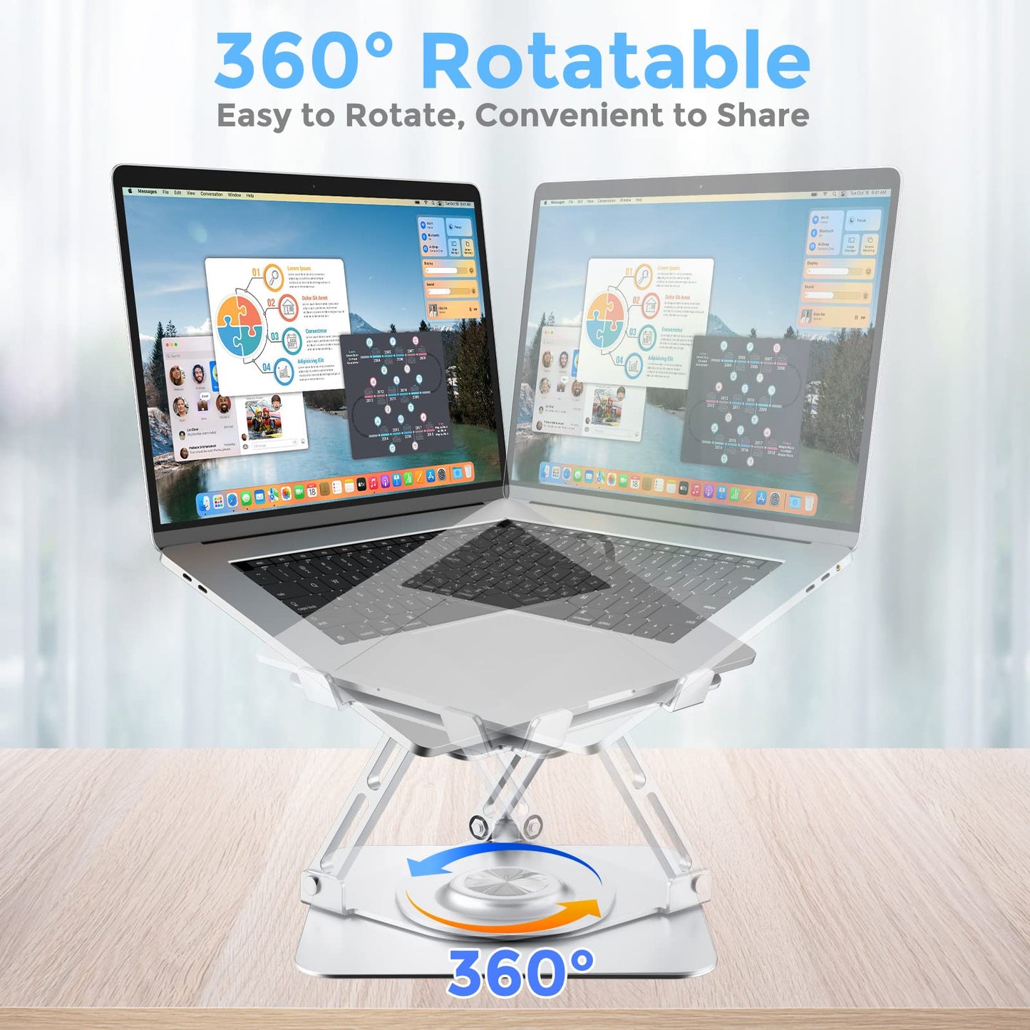 Swivel Laptop Stand for Desk, Adjustable Height Aluminum Computer Stand with 360 Rotating Base, Foldable Ergonomic Riser, Portable Laptop Holder Compatible with MacBook, All Laptops 10-17'', Chrome