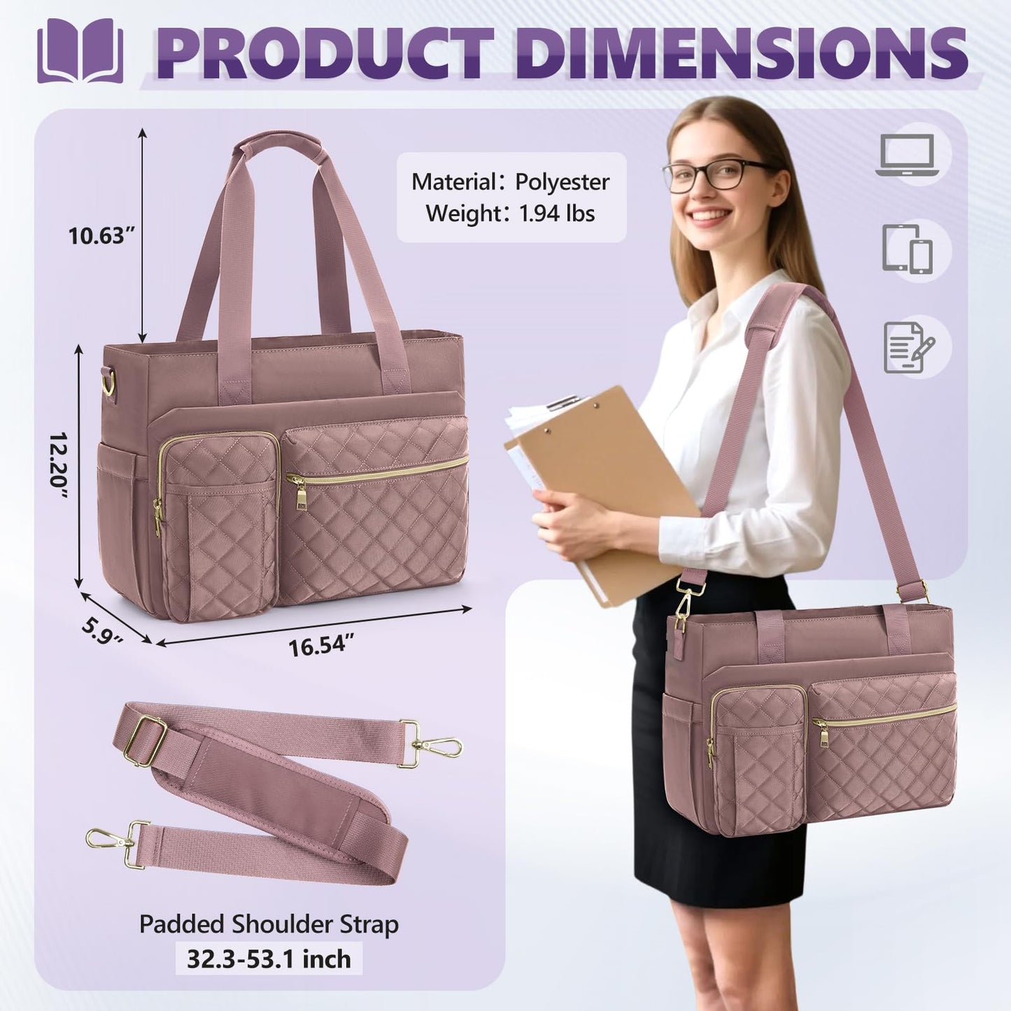 SDYSM Teacher Tote Bag for Women 15.6 inch Laptop Bag Work Bags Nurse Tote Professional Computer Messenger Shoulder Bags Laptop Briefcase for Office, College, Nursing