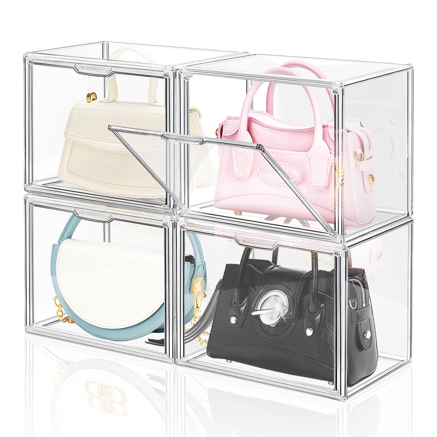 4 Packs Clear Plastic Handbag Storage Organizer for Closet, DILIBRA Acrylic Display Box for Handbag, Stackable Storage Boxes Bag Organizer with Magnetic Door for Small Purse Clutch Wallet Book Hats