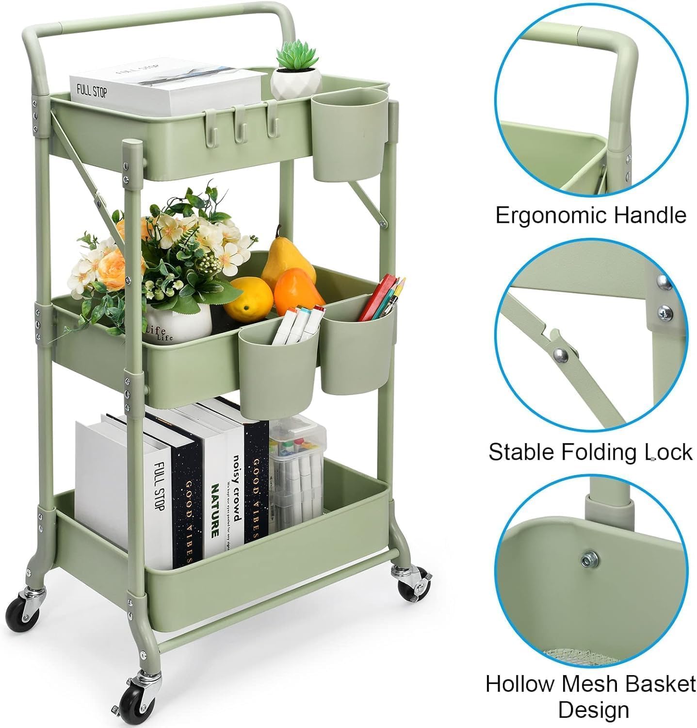 johgee Foldable 3 Tier Rolling Cart, Folding Metal Utility Cart, Mobile Multi-Function Storage Trolley Organizer Cart for Home Library Office(Green)
