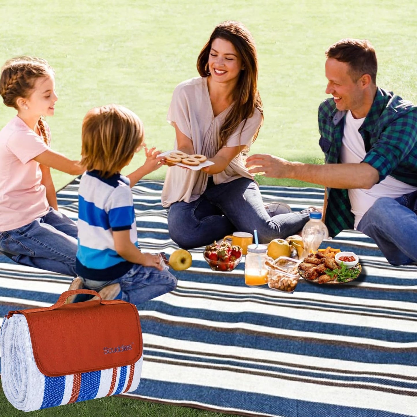 Extra Large Picnic & Outdoor Blanket Dual Layers for Outdoor Water-Resistant Handy Mat Tote Spring Summer Blue and White Striped Great for The Beach,Camping on Grass Waterproof Sandproof (SC-CM-01)