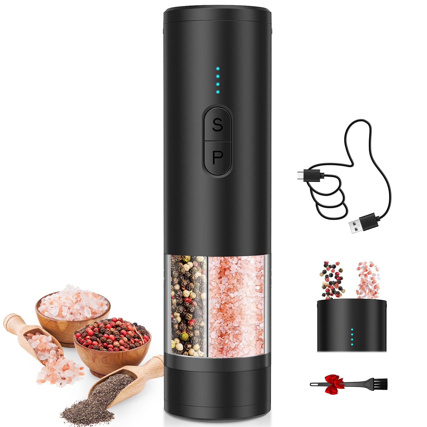 HeatBay 2 in 1 Electric Salt and Pepper Grinder Set, USB Rechargeable, Automatic Salt and Pepper Mill Shakers with Battery Display, LED Light, Adjustable Coarseness(Black)