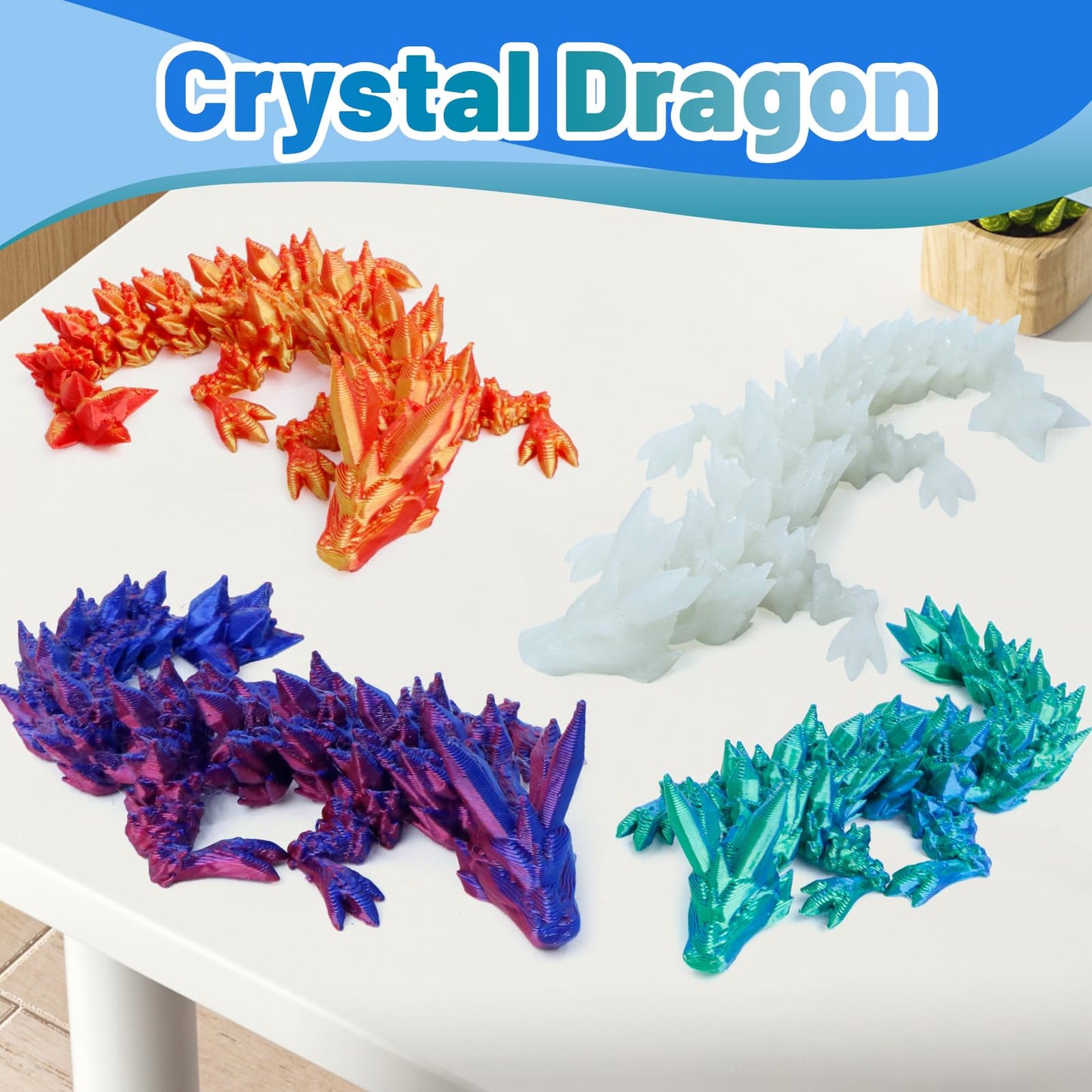 4 Pack 3D Printed Dragon Easter Basket Stuffers, Small Eggs with Dragon Inside, Articulated Crystal Dragon Fidget Toy, Desk Pet, 3D Printing Home Decor (Blue+red+Green+Glow in The Dark)