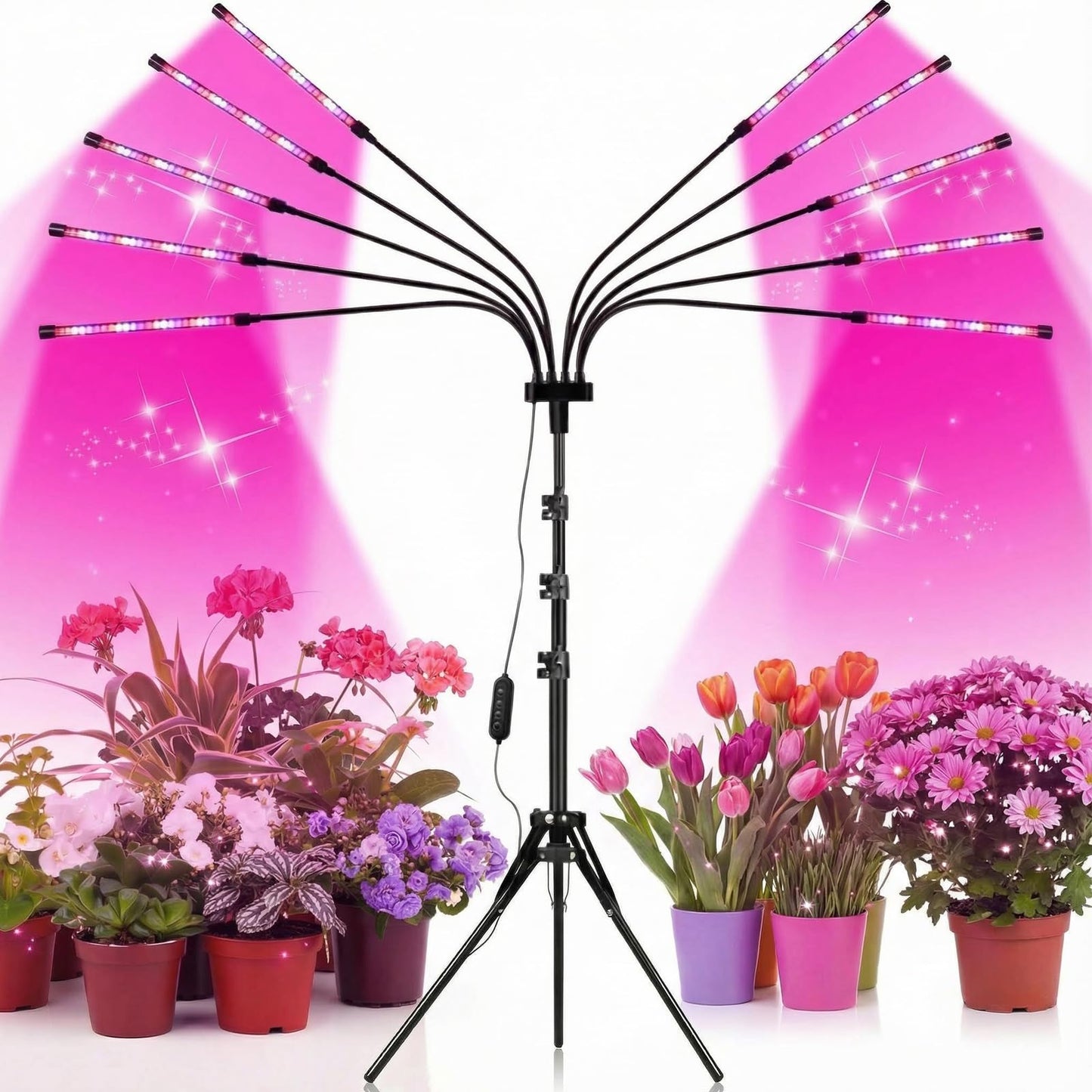 mychoiii Grow Lights for Indoor Plants,10 Heads Red Blue White Full Spectrum Plant Light with 15-60" Adjustable Tripod Stand,Adjustable Gooseneck, Indoor Grow Lamp with 4/8/12H Timer Function