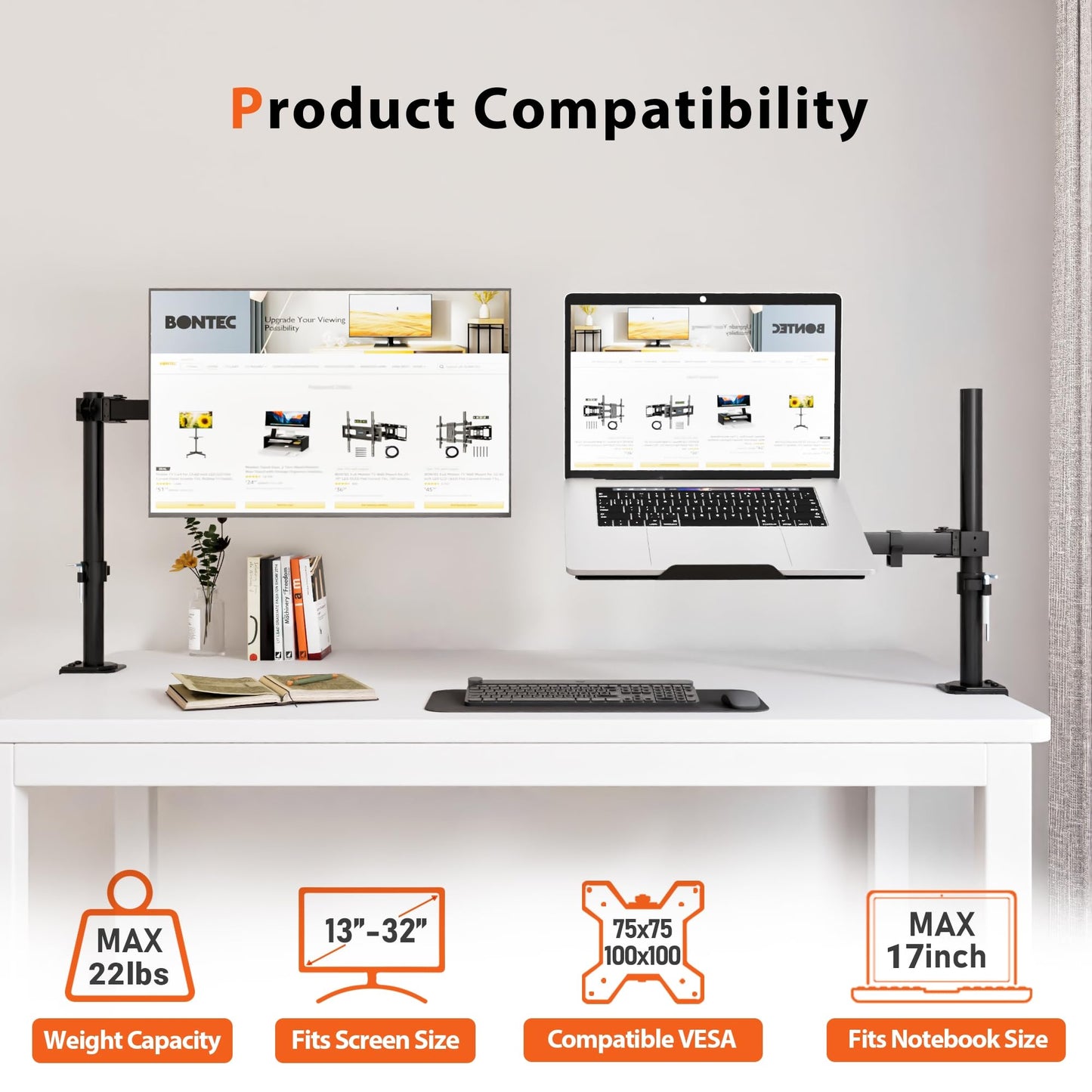 Redbat Laptop Arm for Laptop/Notebook up to 17 inch, Height Adjustable Laptop Arm for Desk Weight up to 22lbs, Laptop Mount with 2 Mounting Options, VESA 75/100 for Monitor 13-32 inch, Black