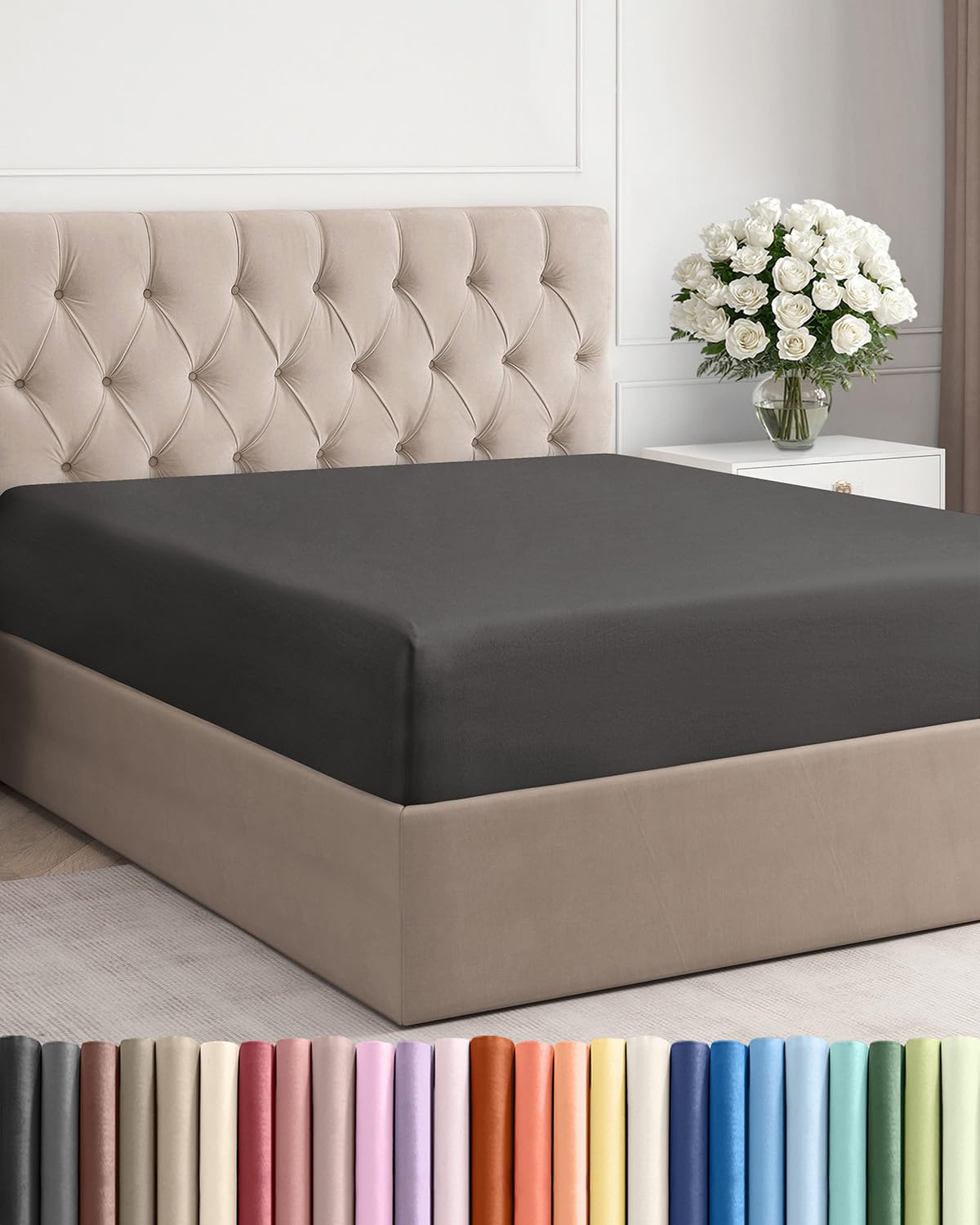 King Fitted Bed Sheet - Bottom Single Fitted Sheet Only - Ultra-Soft Hotel Luxury Bedding w/ 8-16 Inch Deep Pockets - Breathable, Cooling & Wrinkle Free - Easy-Fit, Fade & Shrink Resistant - Charcoal