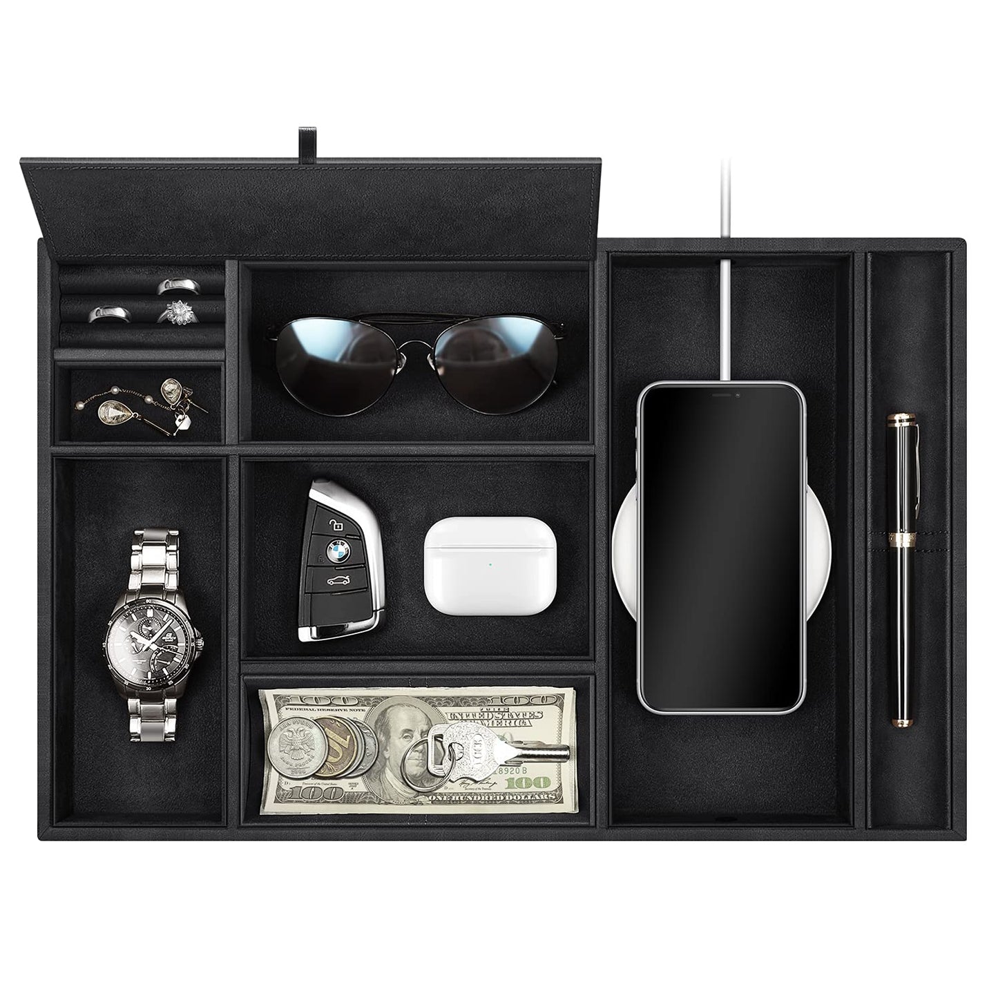 SITHON Desk Organizer - Eight Compartments Universal PU Leather Tray Cosmetic Tray Coin Key Box Jewelry Organizer Black