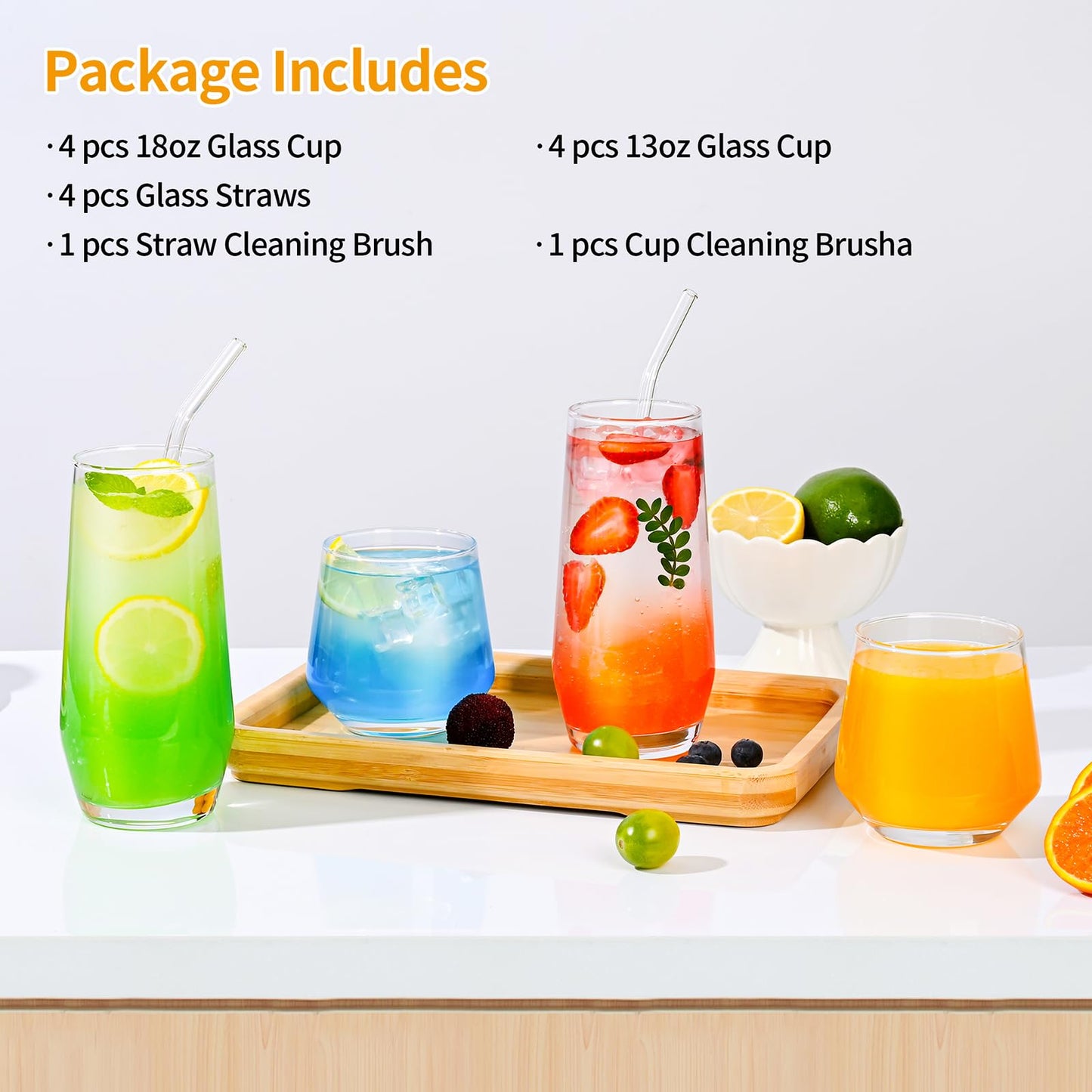 ZMOWIPDL Drinking Glasses Set of 8,Clear 13oz & 18oz Crystal Glass Cups,Drinkware Glassware,Highball Water Tumbler,Short Stemless Wine Glasses,for Beer,Cocktail,Whiskey,Juice and Various Mixed Drinks