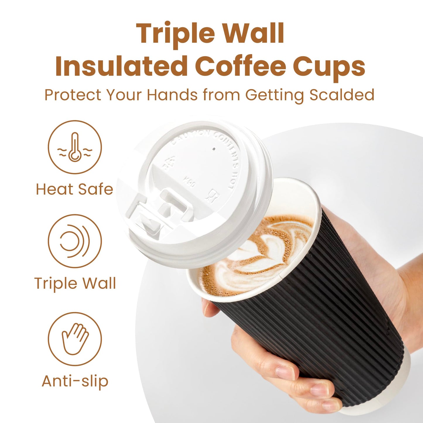 Fit Meal Prep 50 Pack 16 oz Black Disposable Coffee Cups with Lids, Corrugated Triple Wall To Go Hot Cups, Insulated Paper Coffee Cups for Hot Beverages, Travel, Home, Office (White Lids)