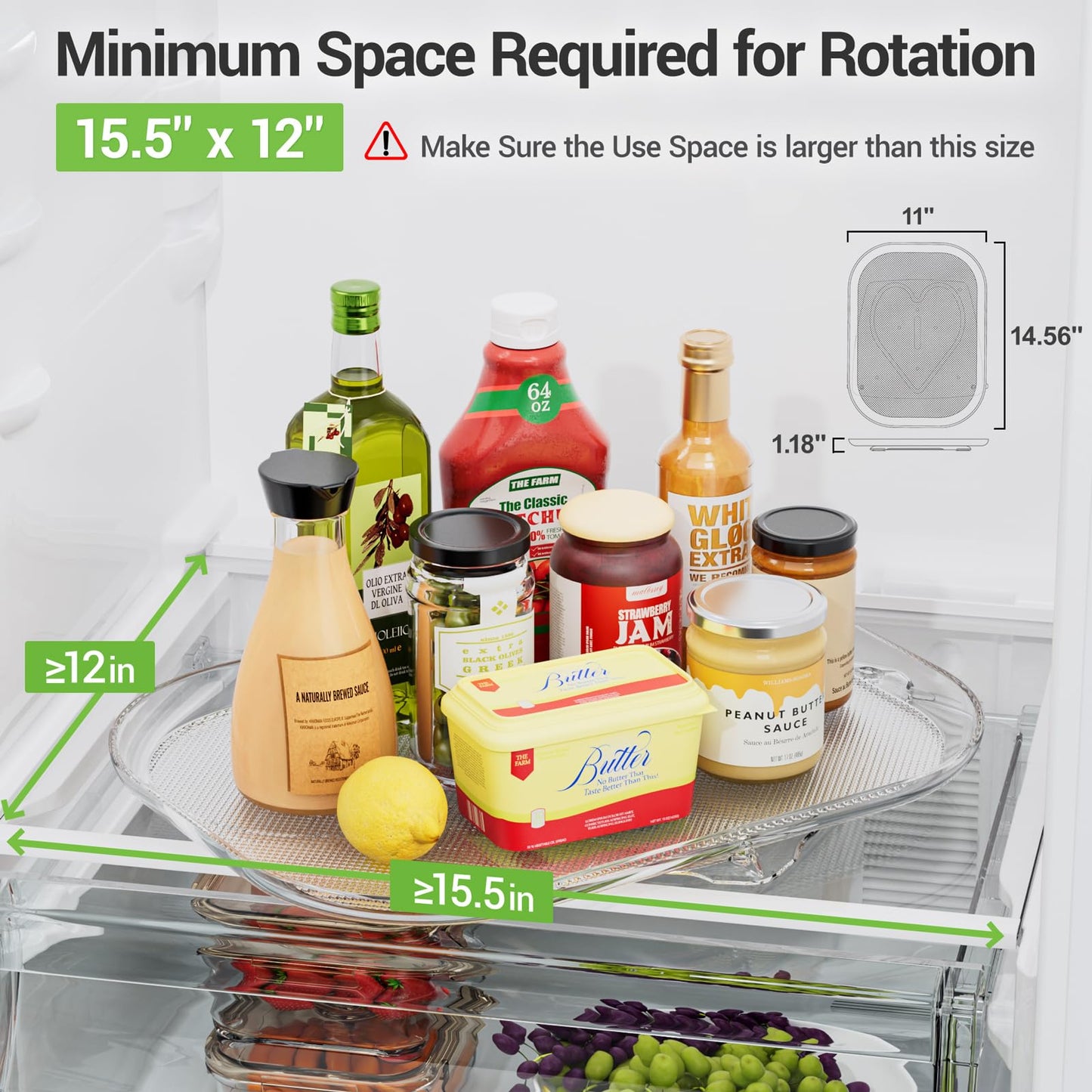 LAMU 2 Pack Lazy Susan Turntable Organizer 14.56'' x 11'', Rectangular, Rotating Organizer for Refrigerator Cabinet, Pantry, Countertop, Table, Fridge Organizers and Storage
